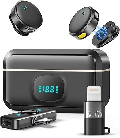 Wireless Lavalier Microphone for iPhone/Android, Mini Lapel Mic with Charging Case, Magnetic Clip, Noise Cancelling, 300FT Range, Condenser Mic for Stream, Vlog, TikTok and YouTube