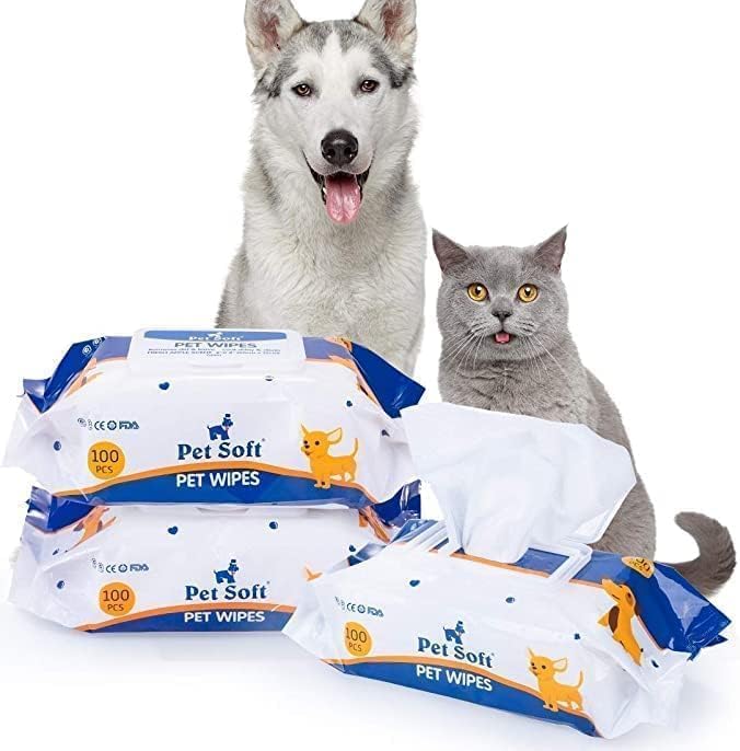 Dog Wipes Cleaning Deodorizing Grooming Wipes Hypoallergenic Puppy Paw Wipes for Doggie Cat Face Body Bult Eye Extra Thick Strong Soft Alcohol Free 8X6 INCH (4 bag=400 pieces)