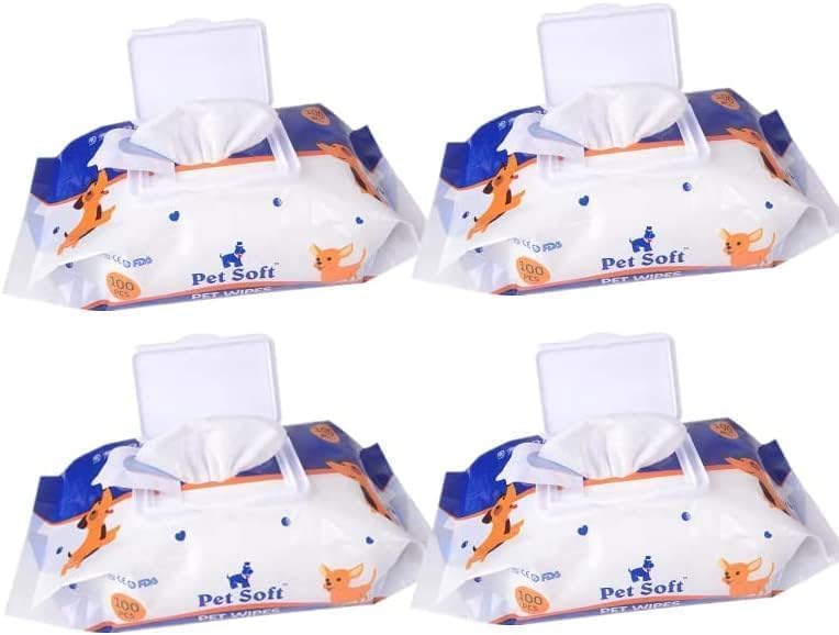 Dog Wipes Cleaning Deodorizing Grooming Wipes Hypoallergenic Puppy Paw Wipes for Doggie Cat Face Body Bult Eye Extra Thick Strong Soft Alcohol Free 8X6 INCH (4 bag=400 pieces)