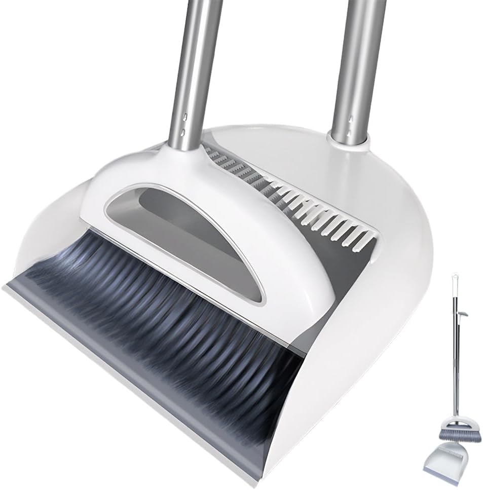 Broom And Dustpan Set, M.A&F's Standing Air Broom With Anti-Slip Long Handle & Dustpan Combo Set, Dust Pan And Brush For Home Kitchen Room Floor Cleaning Cleaning Supplies (Light Gray)