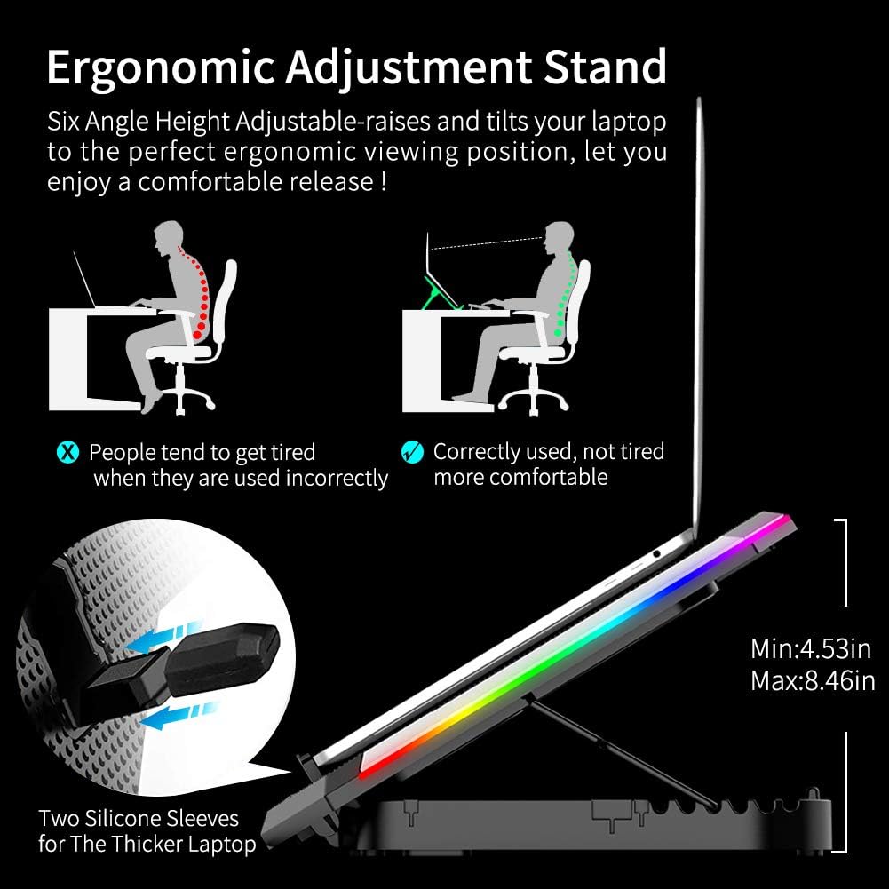 M.A&F's Gaming Laptop Cooling Pad 15-17.3 Inch with 6 Cooling Fans, Cooling Stand with 6 Height Adjustable, Laptop Cooler with RGB Light, LCD Screen, 2 USB Ports, Phone Stand