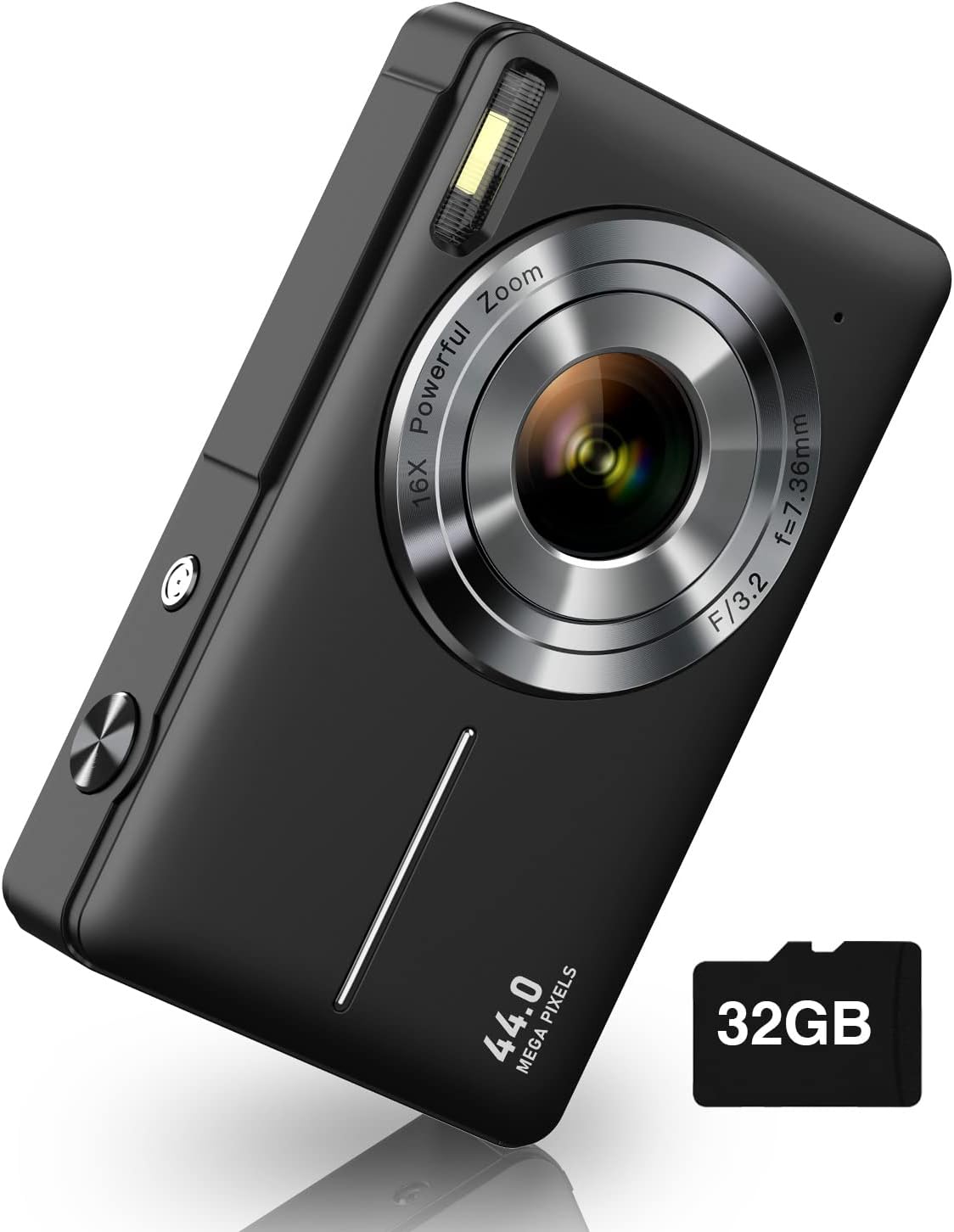 M.A&F's Digital Camera, FHD 1080P Kids Camera 44MP Point and Shoot Digital Cameras with 32GB SD Card, 16X Zoom, Two Batteries, Lanyard, Compact Small Camera for Kids Boys Girls, Black