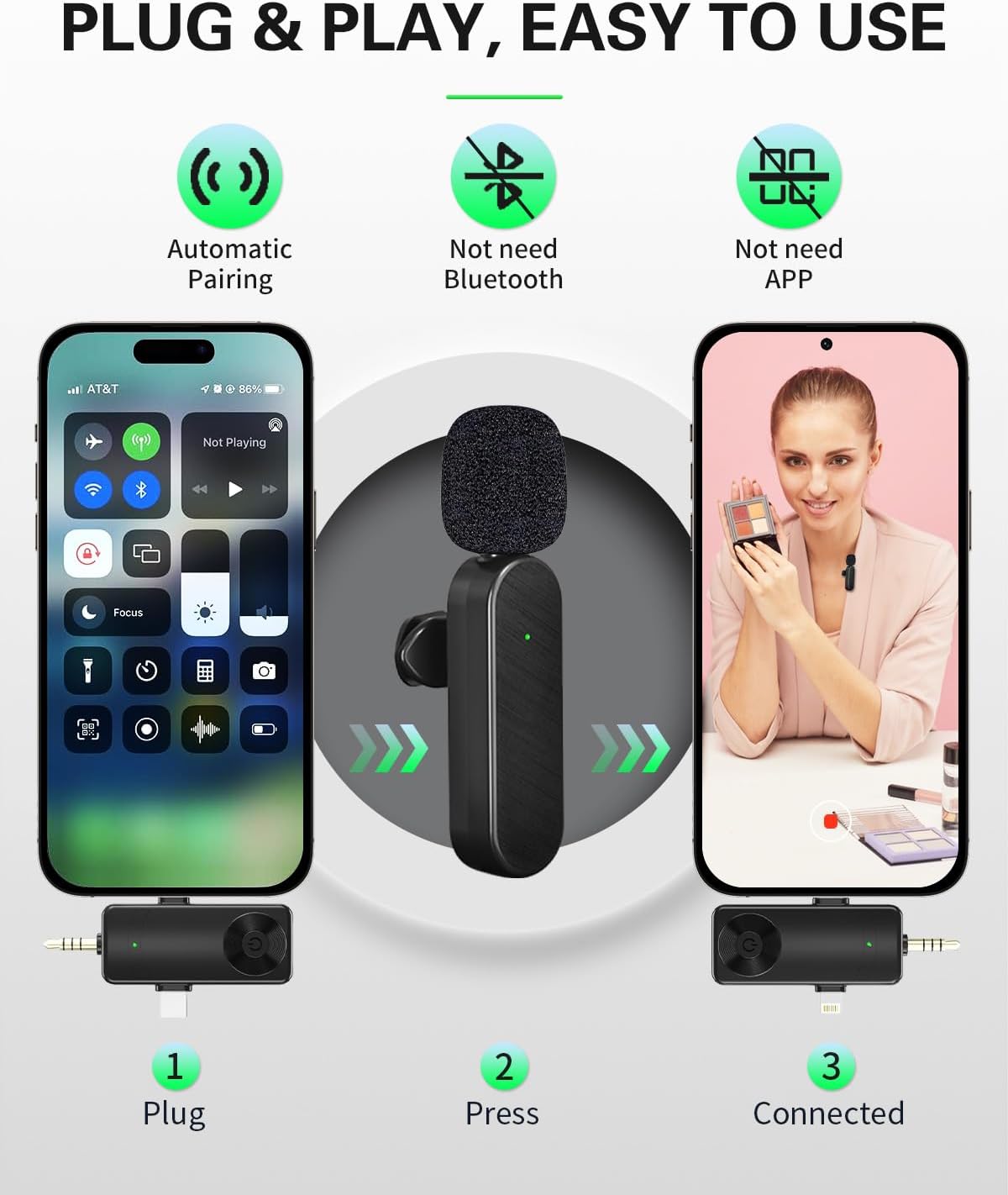 Mini Microphone for iPhone Android Camera iPad USB-C, 4 in 1 Professional Wireless Lavalier Lapel Microphone for Recording, Live Stream, YouTube, Facebook, TikTok, Vlog (2 Pcs)