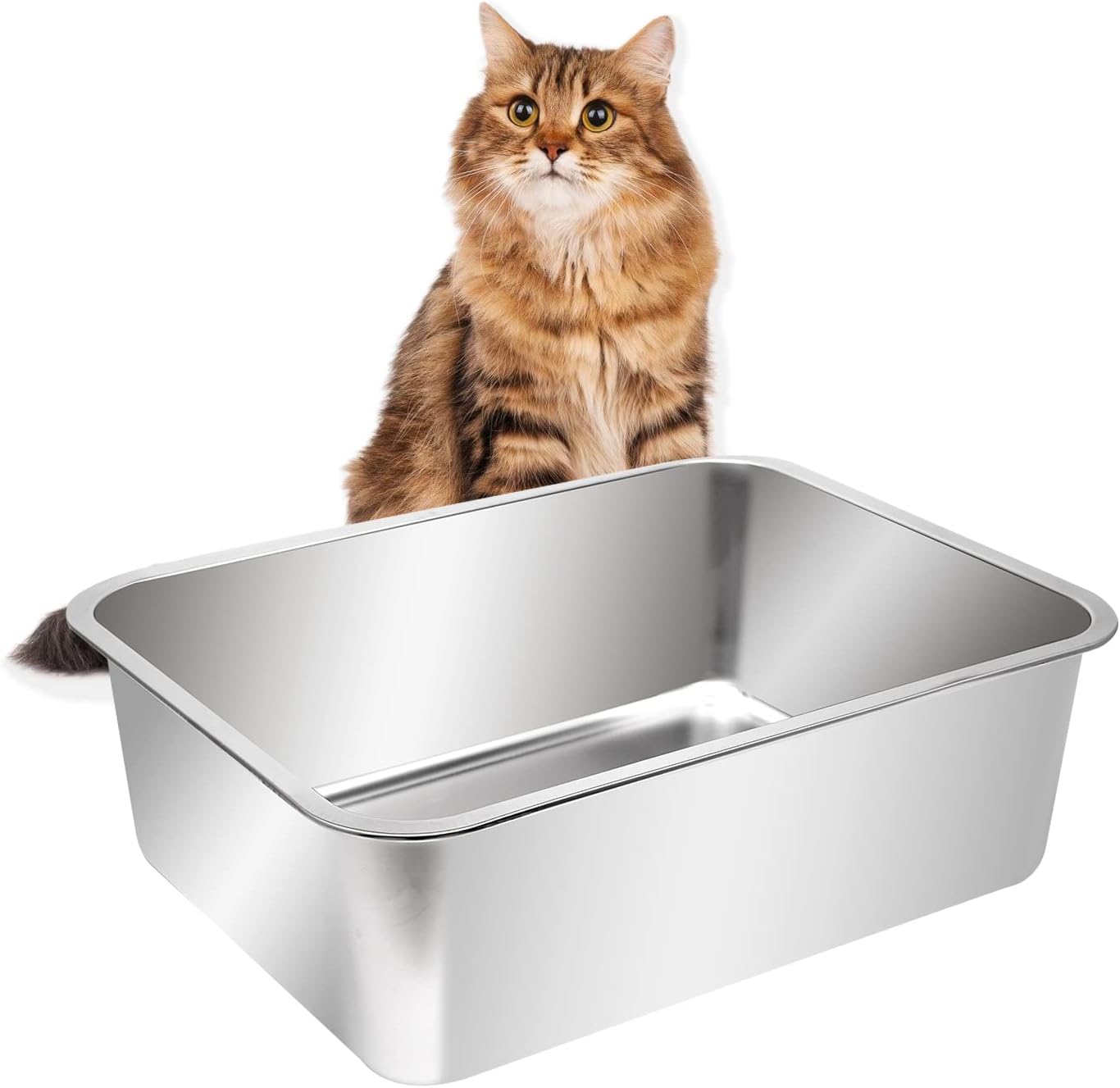 M.A&F's Extra Large Stainless Steel Open Cat Litter Box with High Sides, Metal Litter Pan for Cat, 23.6 x 15.7 x 5.9 inches