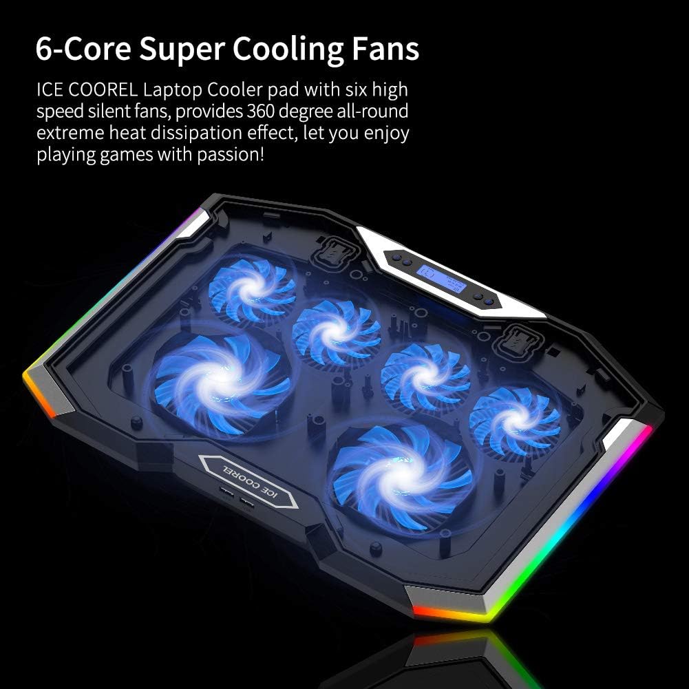 M.A&F's Gaming Laptop Cooling Pad 15-17.3 Inch with 6 Cooling Fans, Cooling Stand with 6 Height Adjustable, Laptop Cooler with RGB Light, LCD Screen, 2 USB Ports, Phone Stand