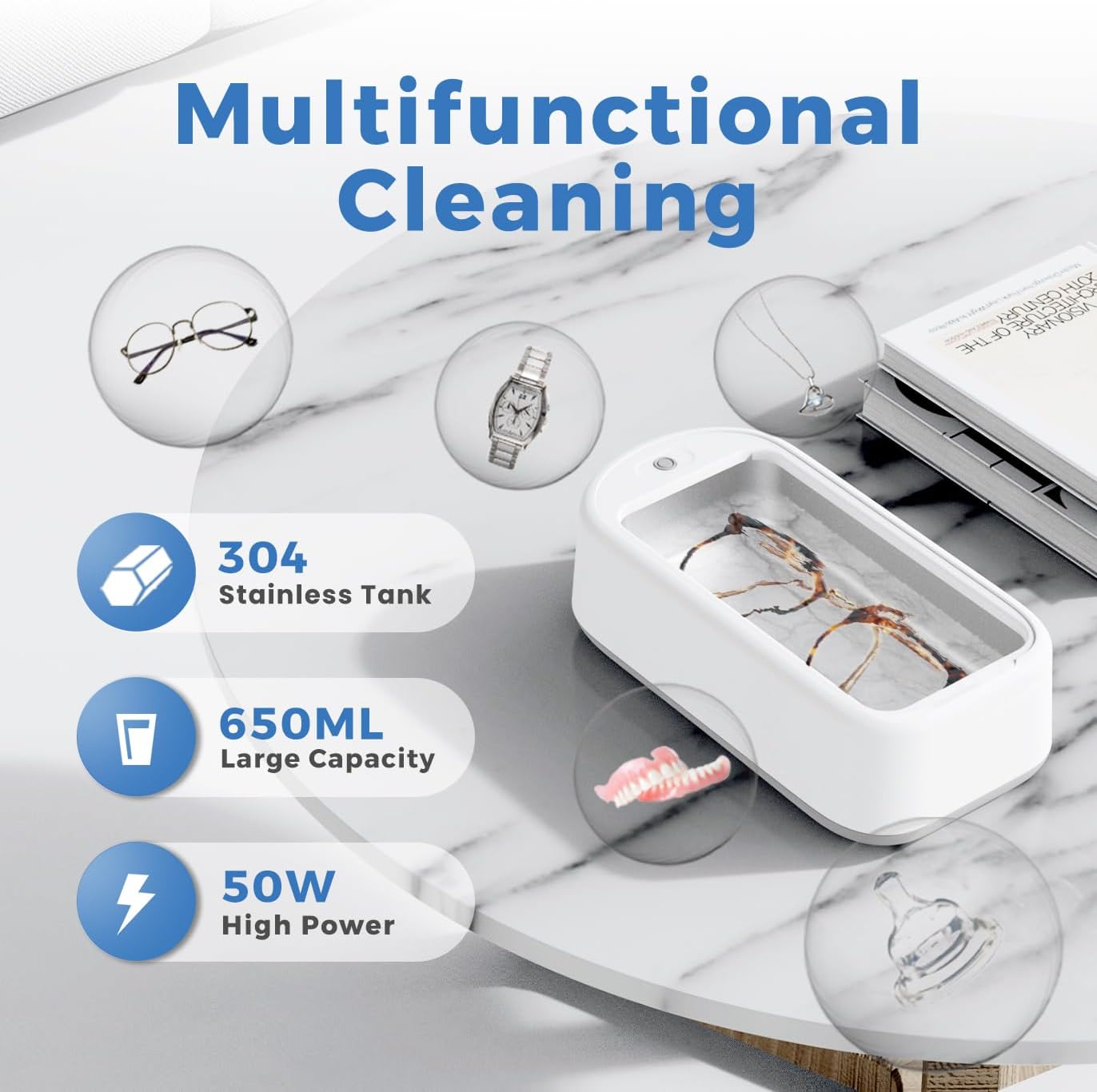 Ultrasonic Jewelry Cleaner, 40W 22oz (640ml) 48KHz Portable Professional Ultrasonic Cleaner for Eyeglass, Watches, Dentures, Ring, Blade Razor