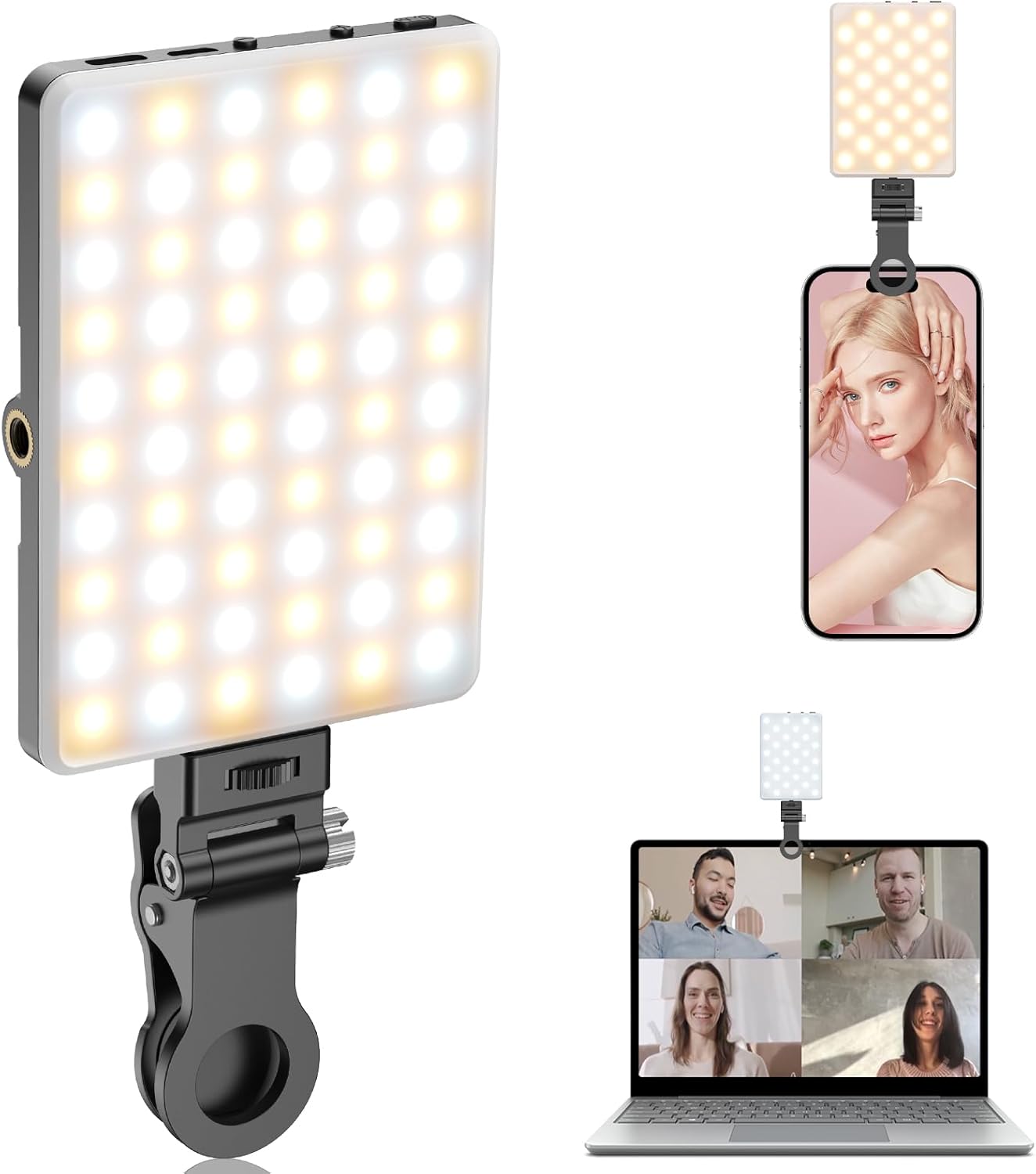 M.A&F's 60LED Portable Selfie Light, Rechargable USB Light with Clip & Double 1/4" Screw Hole, 2500k-9000K Dimmable Phone Video Lamp for Phone/Laptop/Tablet/Camera, for Selfie/Video Conference-Black