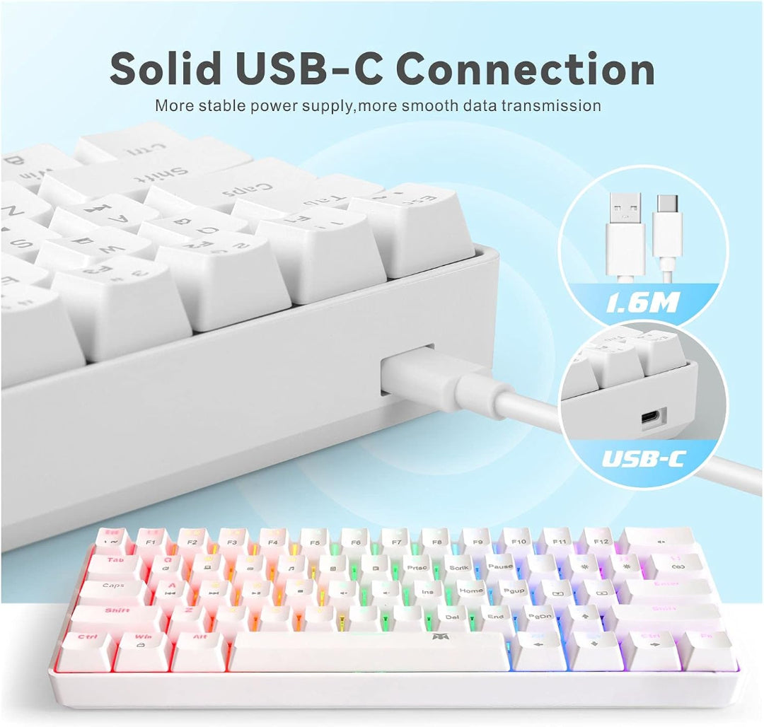 M.A&F's Mechanical Gaming Keyboard, 61 Keys Ultral Compact Wired Keyboard with Blue Switches and RGB Backlit for iOS, Android and Windows, White