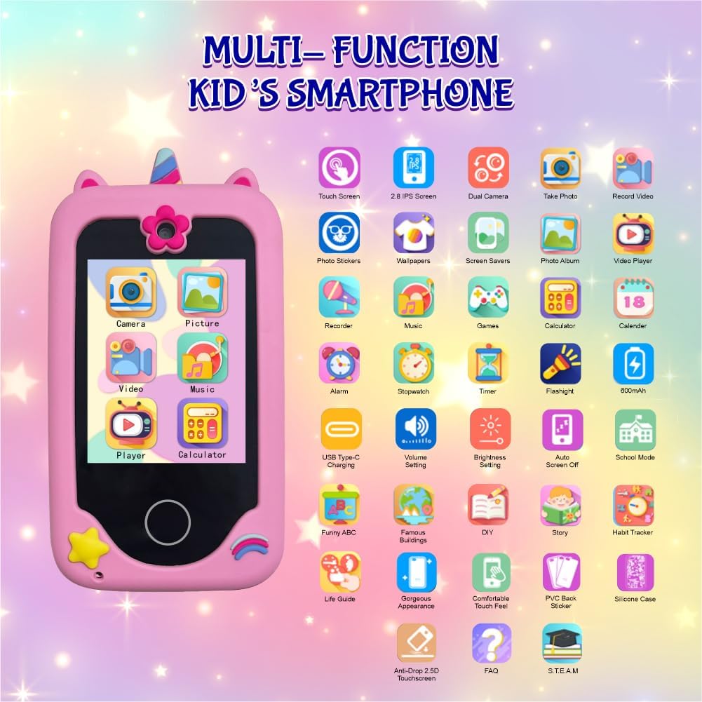M.A&F's Kids Smart Phone Toys for Girls Ages 3-8 Toddler Play Travel Toys with Dual Camera Educational Learning Game Puzzle MP3 Music Player Birthday Gift for Kids Girls 3 4 5 6 7 8 Year Old (8 GB)-Pink