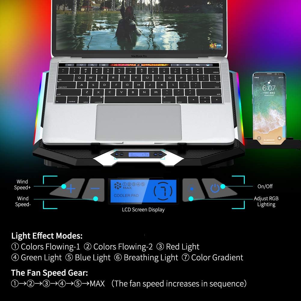 M.A&F's Gaming Laptop Cooling Pad 15-17.3 Inch with 6 Cooling Fans, Cooling Stand with 6 Height Adjustable, Laptop Cooler with RGB Light, LCD Screen, 2 USB Ports, Phone Stand