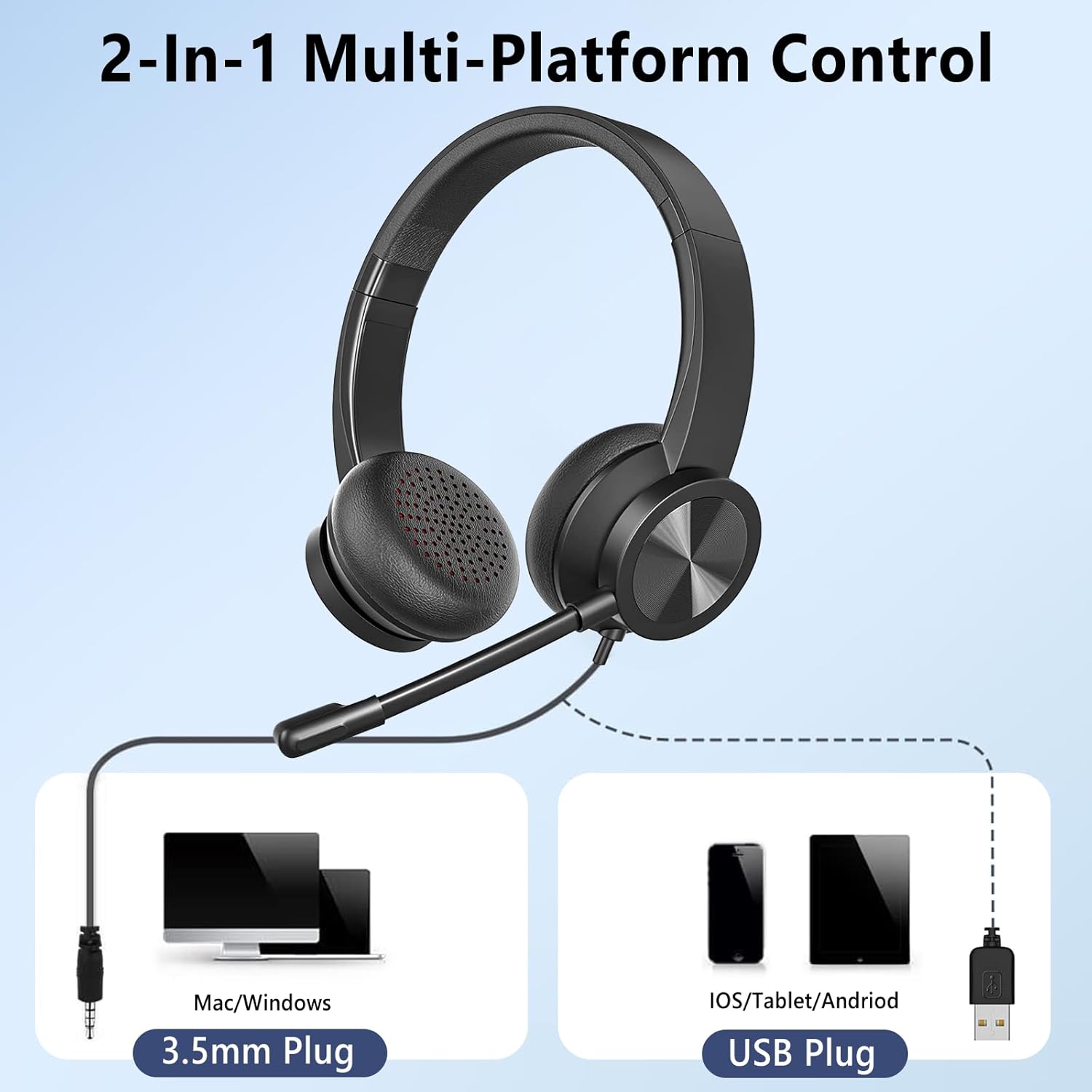 USB Headset with Mic, Wired Over Ear Headphone, ANC and Noise Cancelling Microphone of 330 Degrees Rotation, Clear Crystal Sound, Adjustable In-line Control Microphone, Comfortable Wearing Design