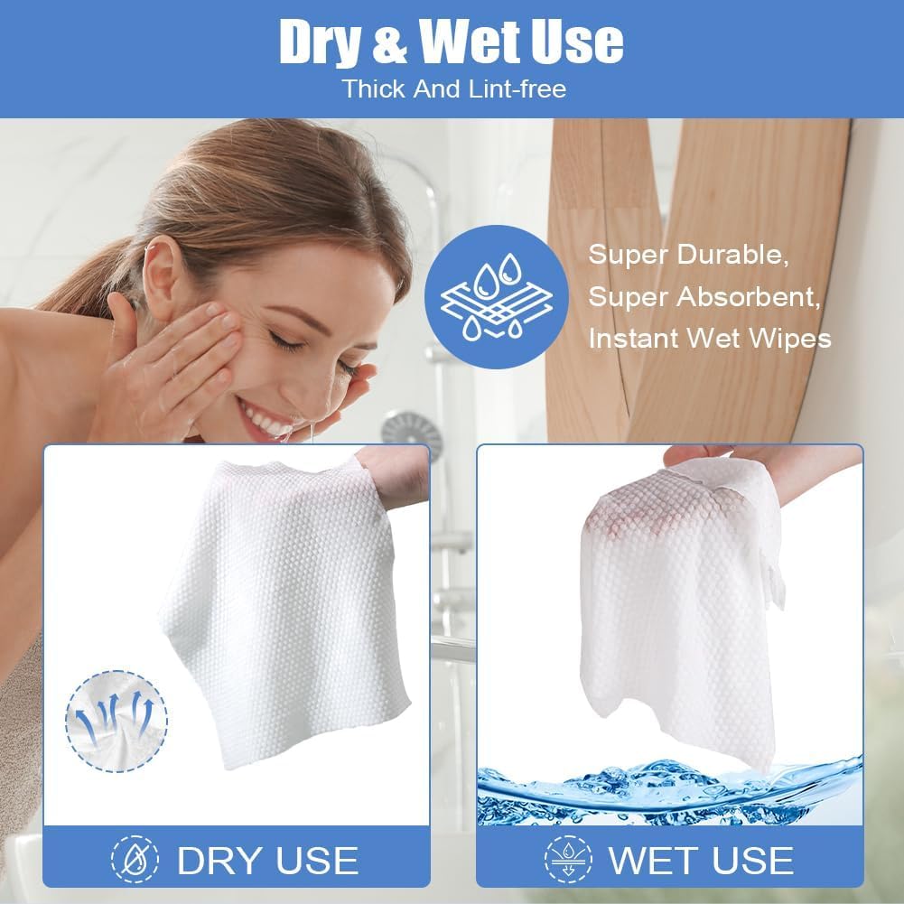Disposable Face Towels for Skincare - 200PCS Soft Cotton Tissue, 200x200mm, Wet & Dry Facial Cleansing Wipes, Makeup Remover Towels, Lint-Free Travel Washcloths for Sensitive Skin