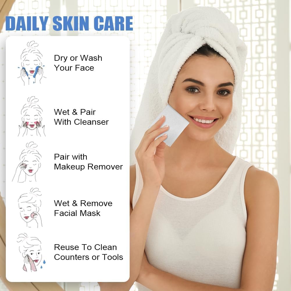 Disposable Face Towels for Skincare - 200PCS Soft Cotton Tissue, 200x200mm, Wet & Dry Facial Cleansing Wipes, Makeup Remover Towels, Lint-Free Travel Washcloths for Sensitive Skin