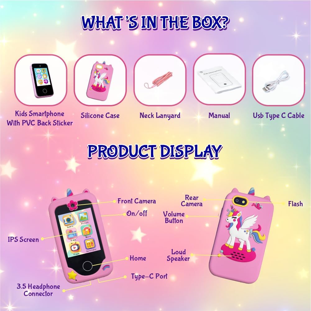 M.A&F's Kids Smart Phone Toys for Girls Ages 3-8 Toddler Play Travel Toys with Dual Camera Educational Learning Game Puzzle MP3 Music Player Birthday Gift for Kids Girls 3 4 5 6 7 8 Year Old (8 GB)-Pink