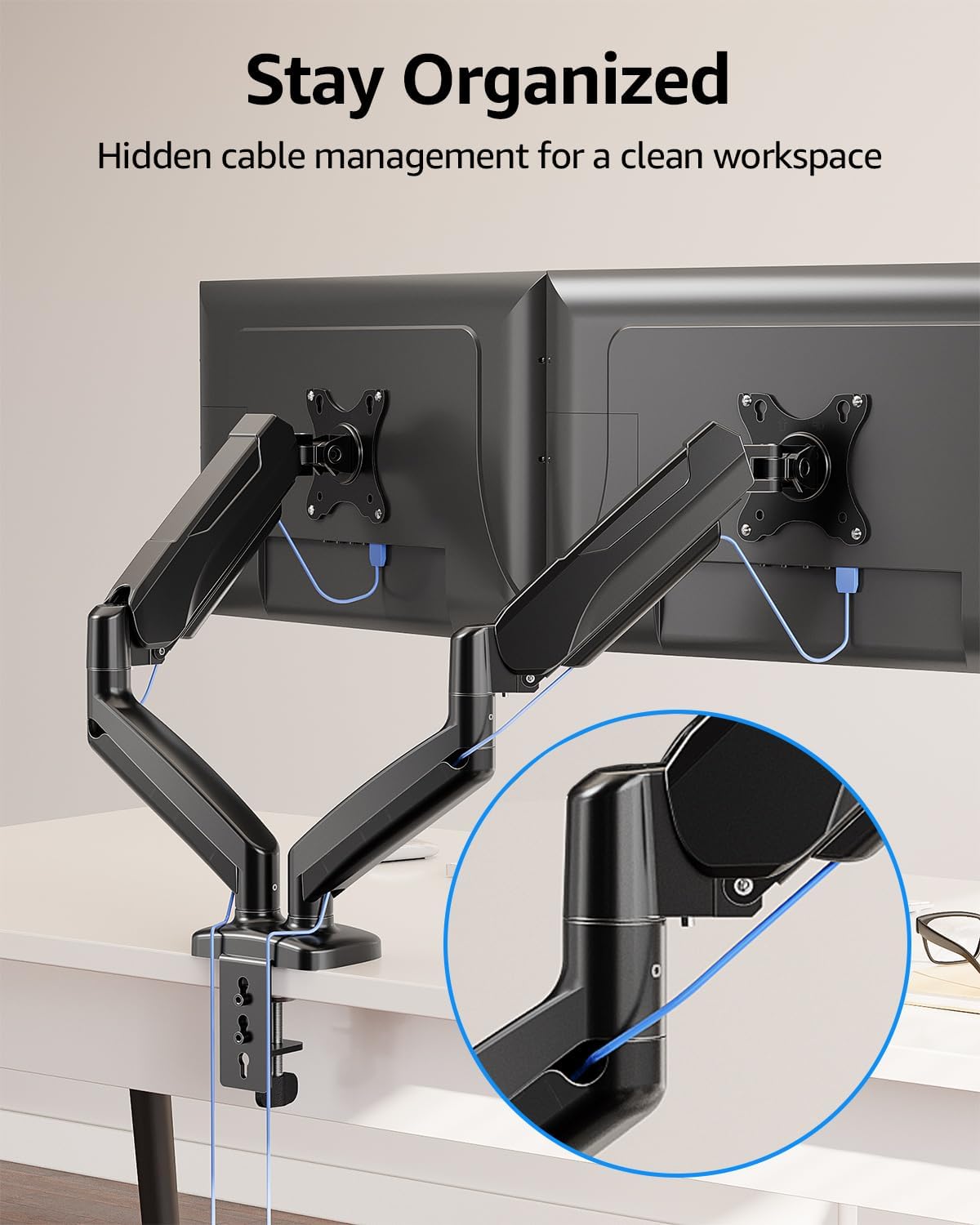 M.A&F's Dual Monitor Stand for Desk, Adjustable Gas Spring Double Monitor Mount Holds 4.4-17.6 lbs and 13-32 Inch Screens, Monitor Arms for 2 Monitors, VESA 75x75 100x100 with C-clamp& Grommet, Black