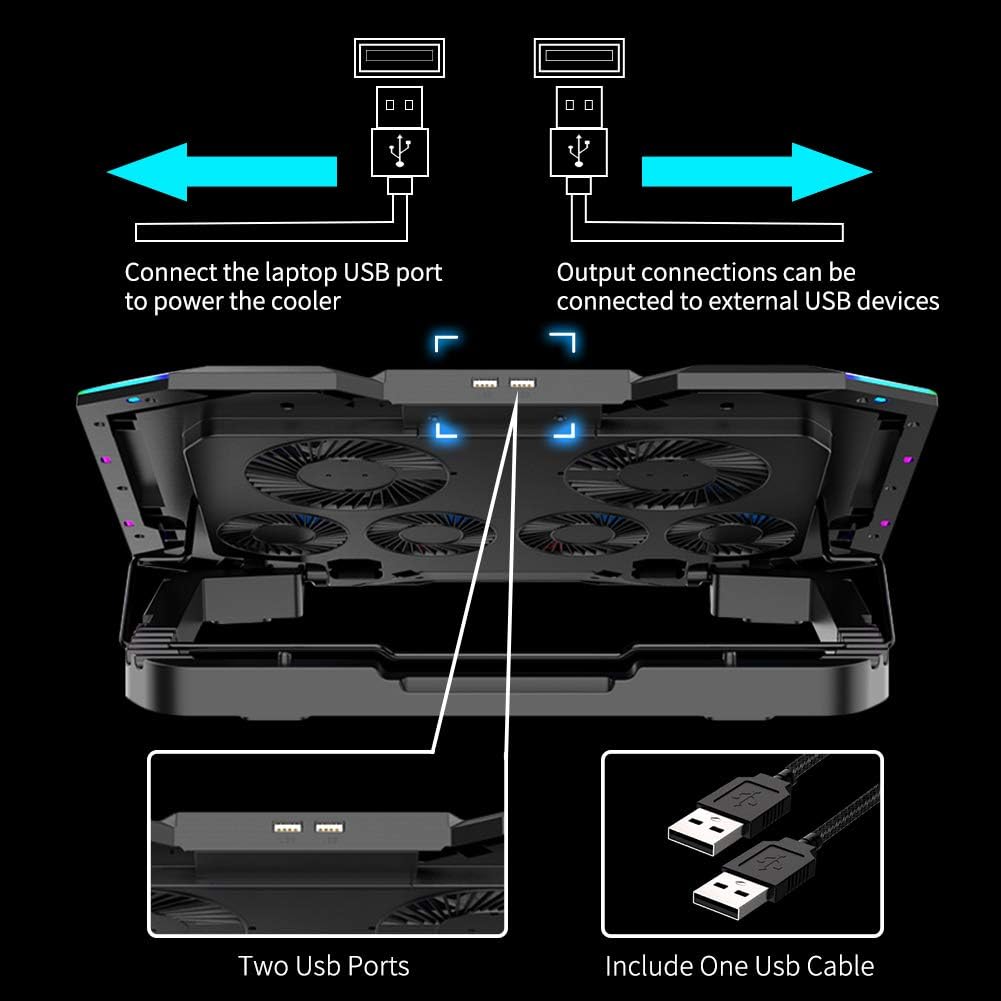 M.A&F's Gaming Laptop Cooling Pad 15-17.3 Inch with 6 Cooling Fans, Cooling Stand with 6 Height Adjustable, Laptop Cooler with RGB Light, LCD Screen, 2 USB Ports, Phone Stand
