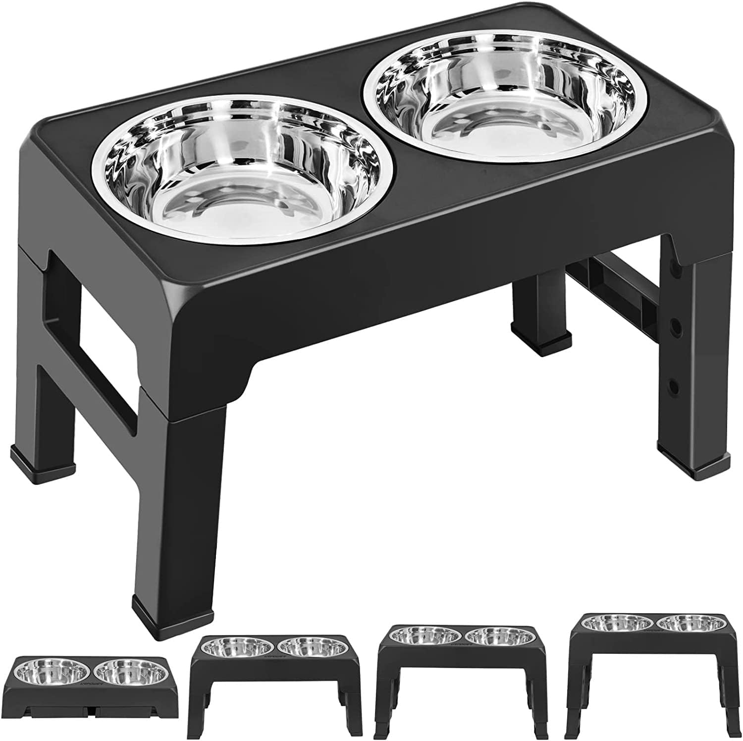 M.A&F's Adjustable Elevated Dog Bowl, with 2 Stainless Steel 1.5L Dog Bowl Vertical Feeding and Detachable Double Bowl Stand Antiskid Splash Proof, for All Small, Medium and Large Pets (Black-3)