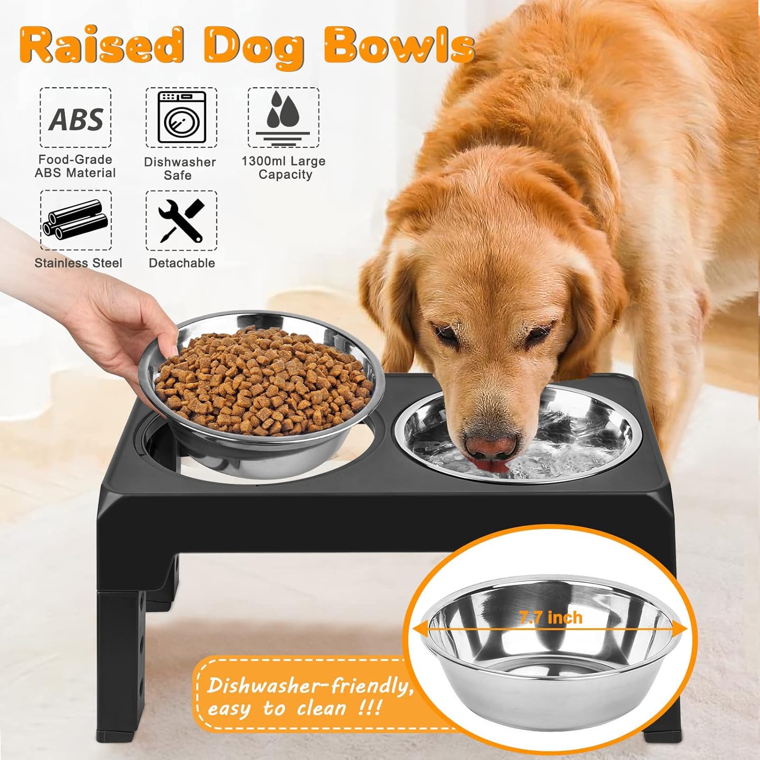 M.A&F's Adjustable Elevated Dog Bowl, with 2 Stainless Steel 1.5L Dog Bowl Vertical Feeding and Detachable Double Bowl Stand Antiskid Splash Proof, for All Small, Medium and Large Pets (Black-3)