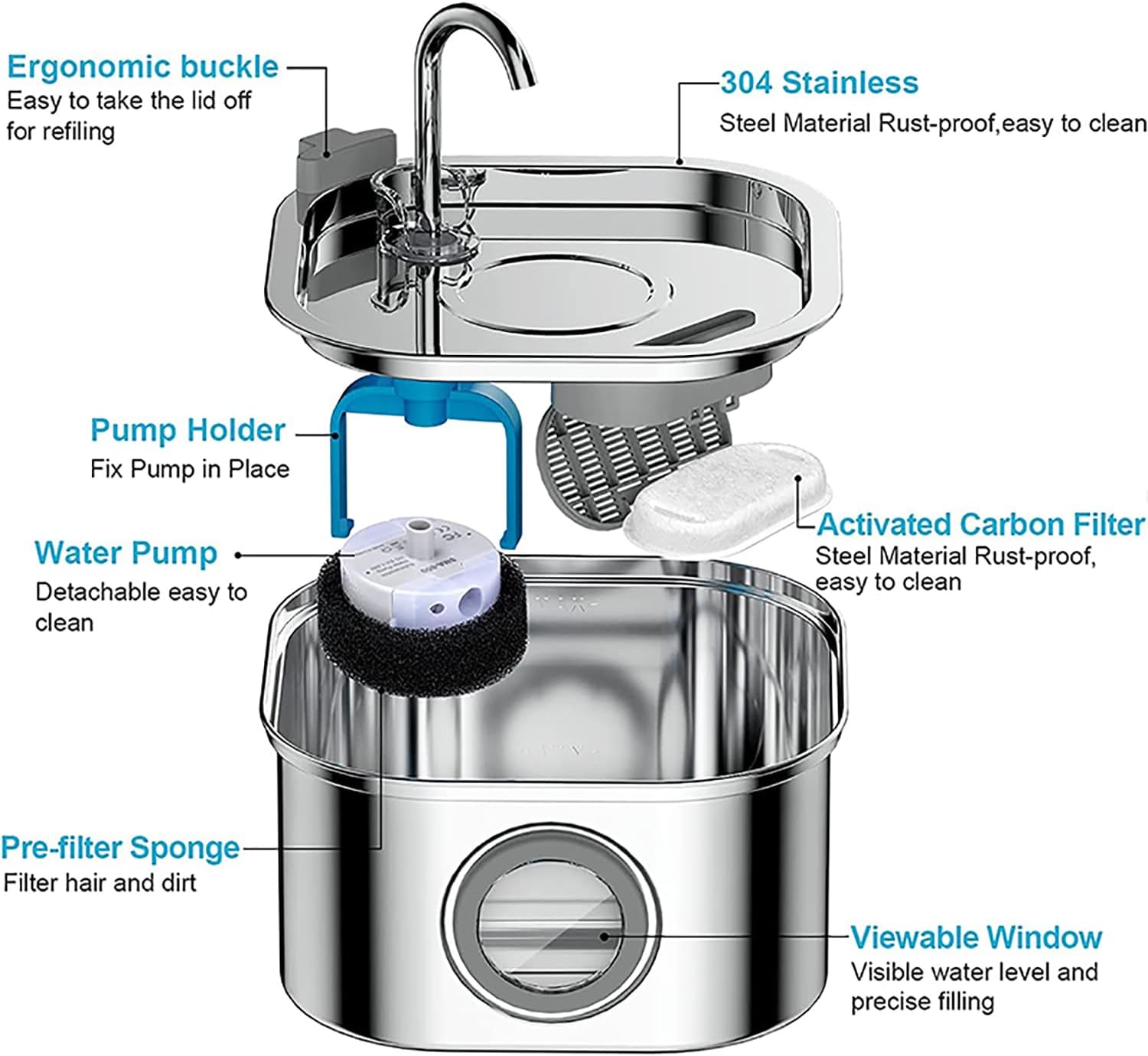 M.A&F's Cat Water Fountain,Stainless Steel Pet Fountain with Quiet Pump,3.2L/108oz Large Capacity Pet Water Dispenser Suitable for Indoor Use (A)