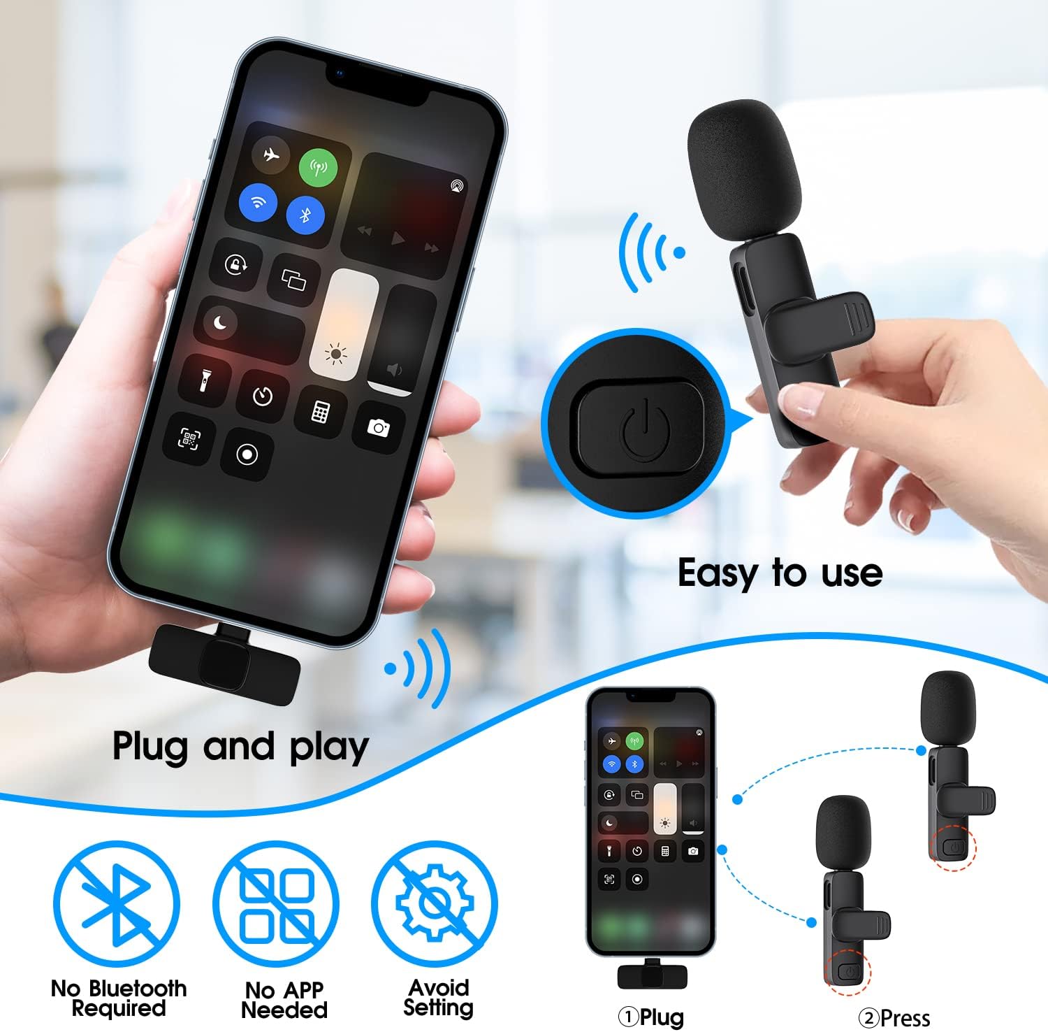 Professional Wireless Lavalier Lapel Microphone for iPhone, iPad - Cordless Omnidirectional Condenser Recording Mic for Interview Video Podcast Vlog YouTube, Bluetooth, Black
