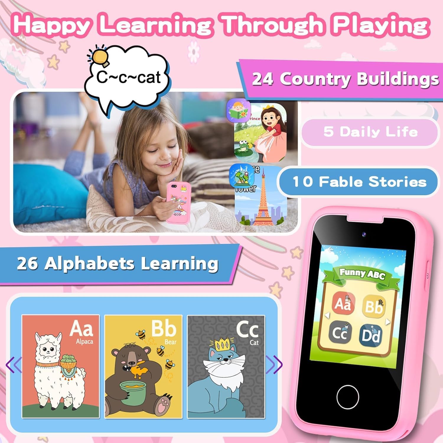 Kids Smart Phone Toys for Girls, Toddler Unicorn Gifts with Dual Camera,Fake Play Toy Mobile phone Learning Game Puzzle MP3 Music Player 3 4 5 6 7 8 Years (Pink)