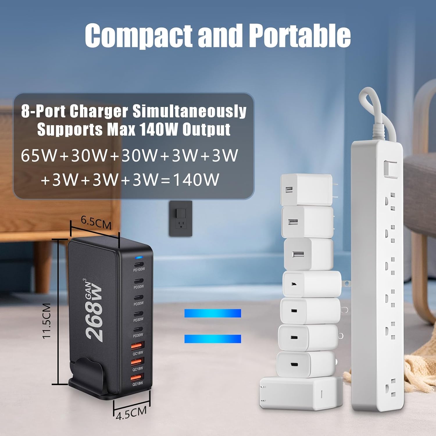 M.A&F's 268W 8-Port Fast Charging Station: PD 100W Desktop GaN Type-C Charger Adapter & USB Power Strip Charging Hub for MacBook, iPhone, Galaxy, iPad, and Laptops