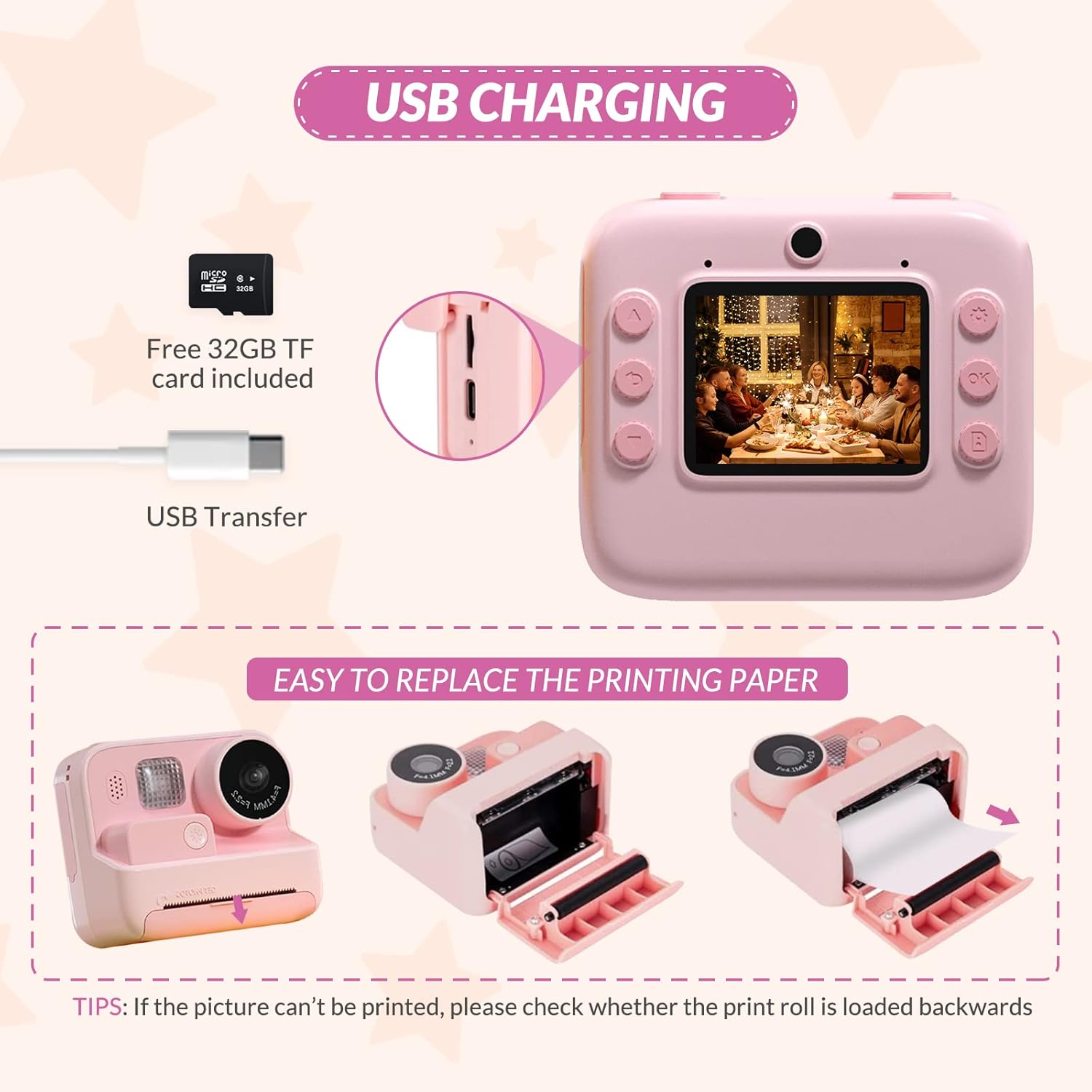 Kids Camera Instant Print, 48MP Digital Camera with Zero Ink, Selfie 1080P Video Camera with 32G TF Card, Toys Gifts for Girls Boys Aged 3-12 for Christmas/Birthday/Holiday (pink) (Pink)