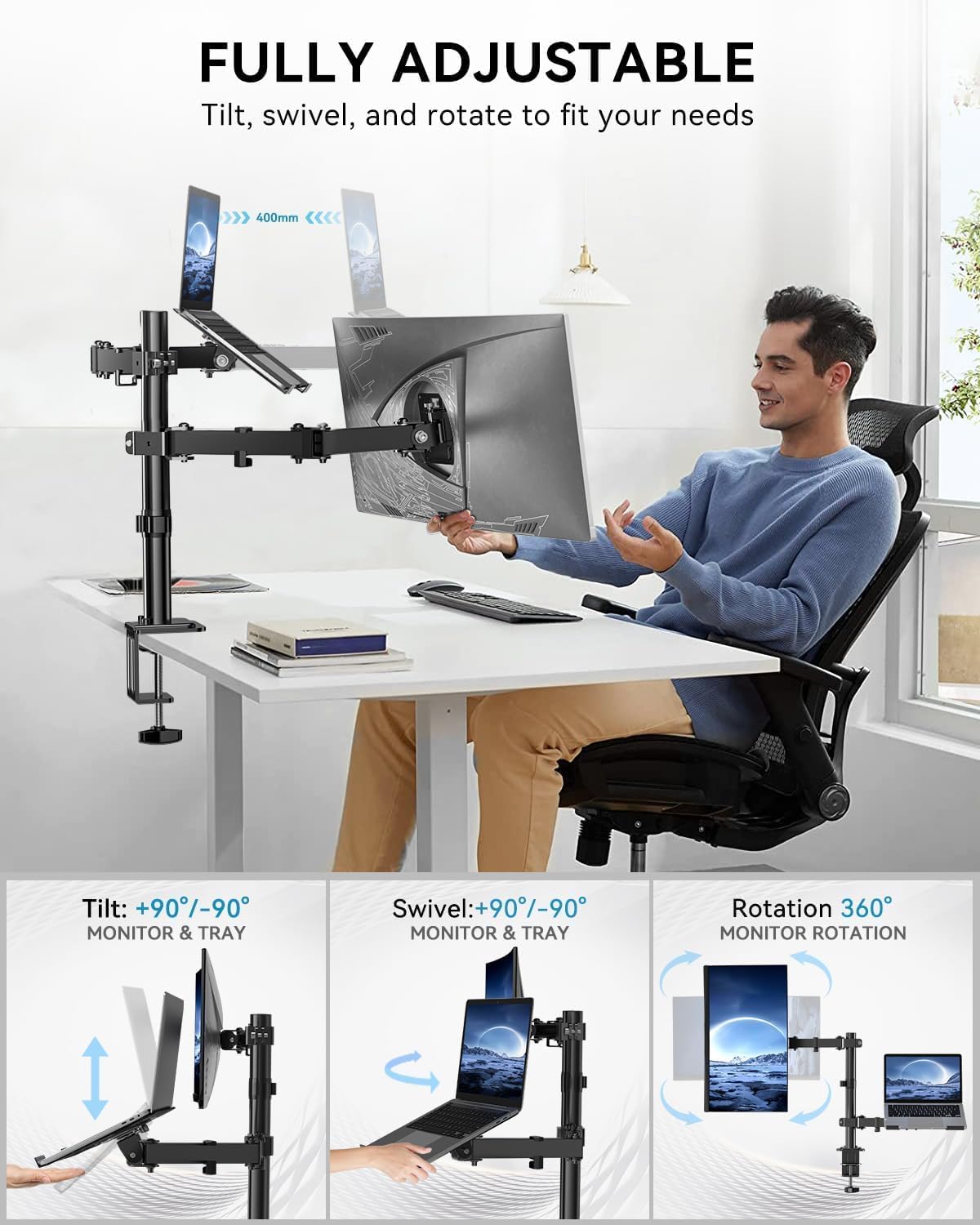 M.A&F's PROFESSIONAL Dual Monitor Arm with Laptop Tray - Dual Vesa Mount Arm, Monitor Stand with Laptop Holder, Dual Screen Mount for 13-32", 2 Vesa Stand Up to 8Kg for Gaming & Office