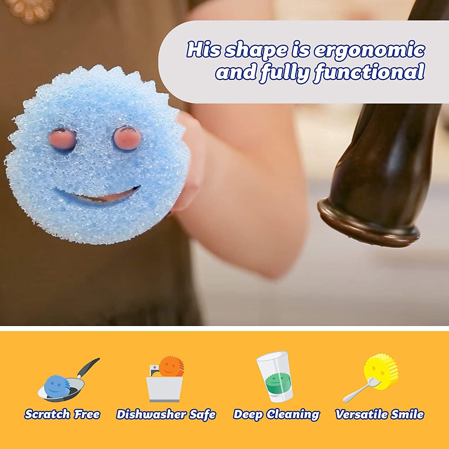 Scrub Daddy Original 4 Pack, Cleaning Sponges for Washing Up, Dish and Kitchen Sponge - as used by Mrs Hinch, Non Scratch Multi-Use Scrubbing, With FlexTexture Firm and Soft Design, Dishwashing Safe