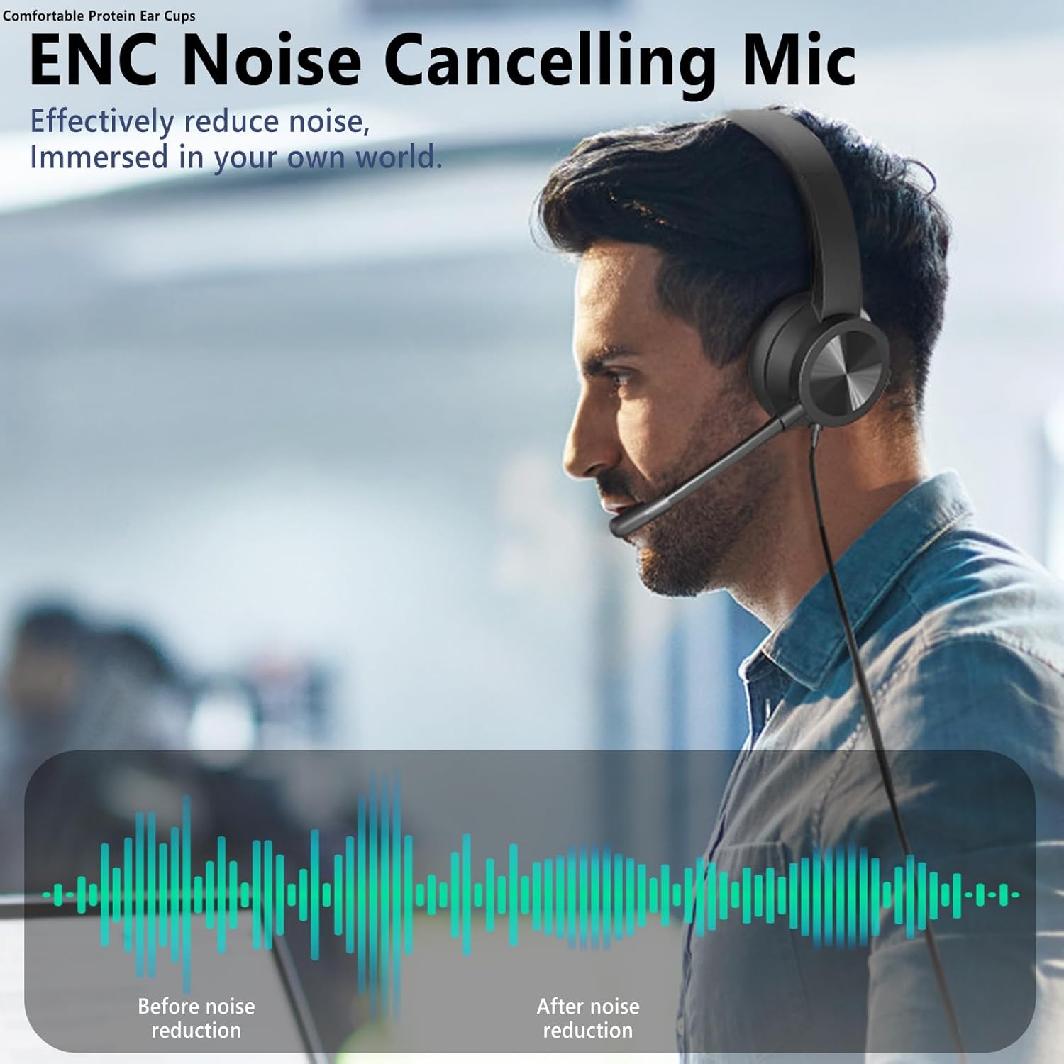USB Headset with Mic, Wired Over Ear Headphone, ANC and Noise Cancelling Microphone of 330 Degrees Rotation, Clear Crystal Sound, Adjustable In-line Control Microphone, Comfortable Wearing Design