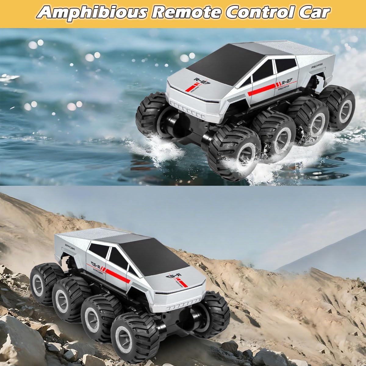 M.A&F's Amphibious Remote Control Car, 8WD 2.4GHz 1:18 Electric Vehicle Toy Off-Road Monster Truck with 2 Batteries, Waterproof Omni-Direction High-Speed Pickup All Terrain RC Jeep Gift for Boy Girl Age 6+