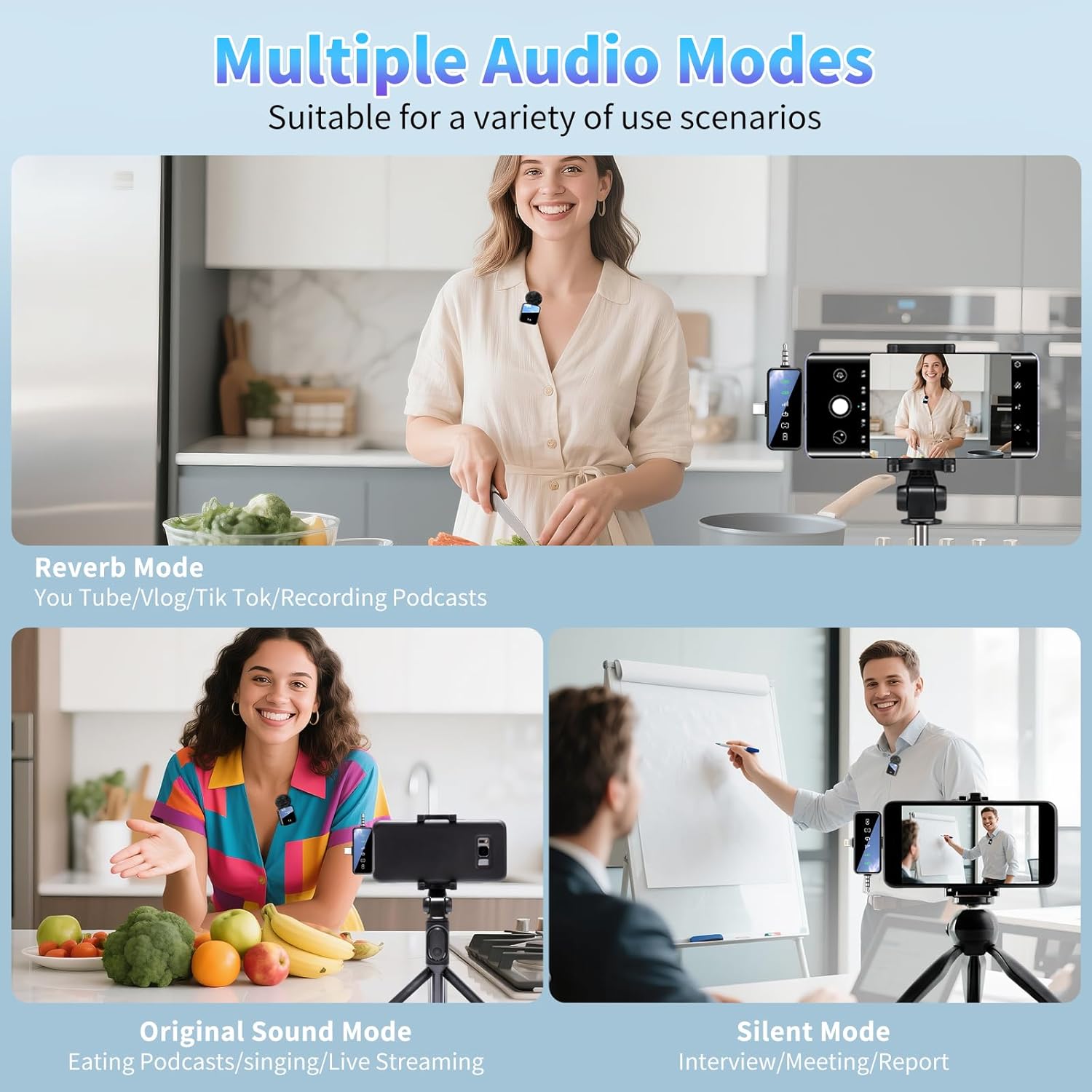 Wireless Lavalier Microphone,3 in 1 Wireless Mic for iPhone/Android/Camera,Mini Bluetooth Microphone Noise Reduction Mic for Record Interview, Vlogging, YouTube, Tiktok