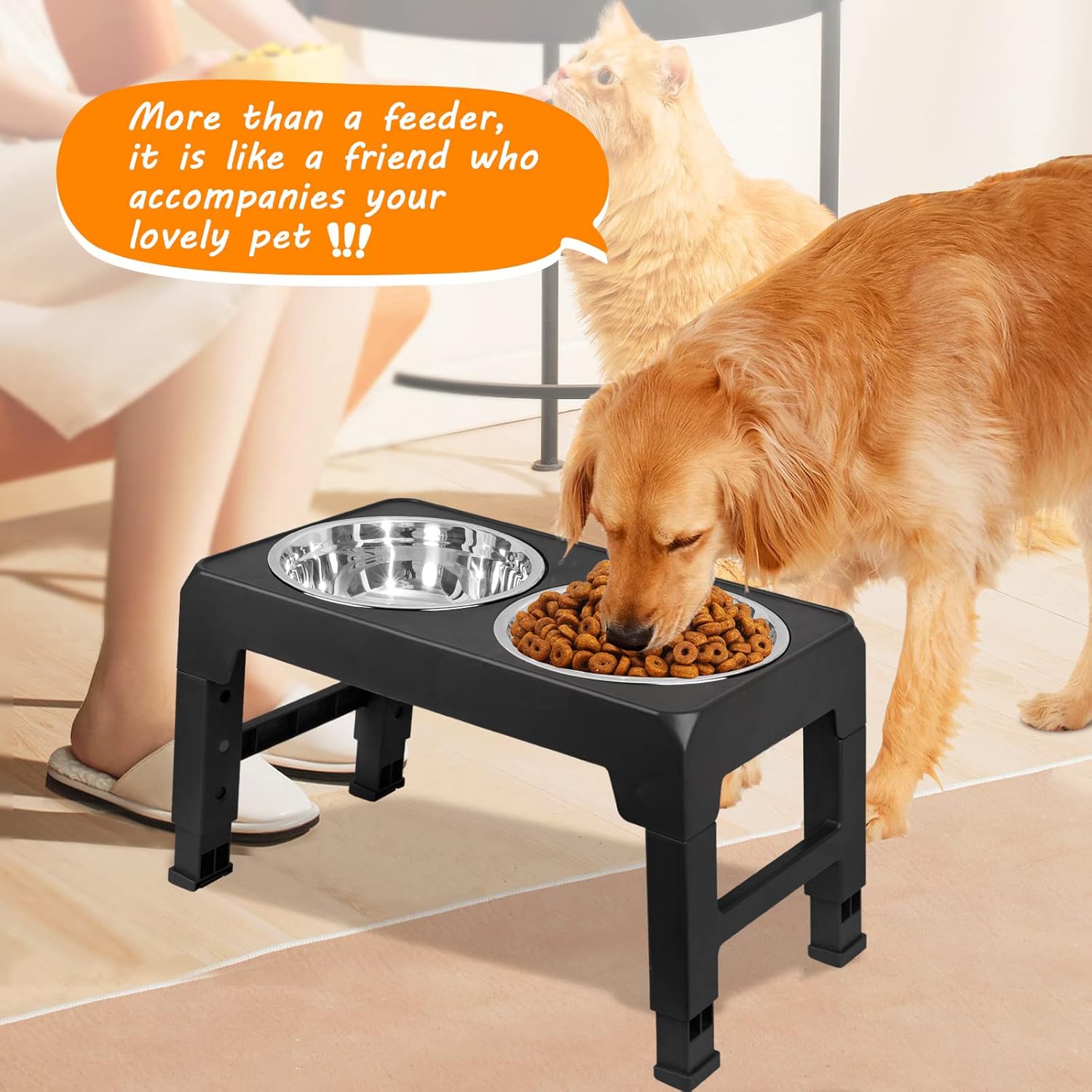 M.A&F's Adjustable Elevated Dog Bowl, with 2 Stainless Steel 1.5L Dog Bowl Vertical Feeding and Detachable Double Bowl Stand Antiskid Splash Proof, for All Small, Medium and Large Pets (Black-3)