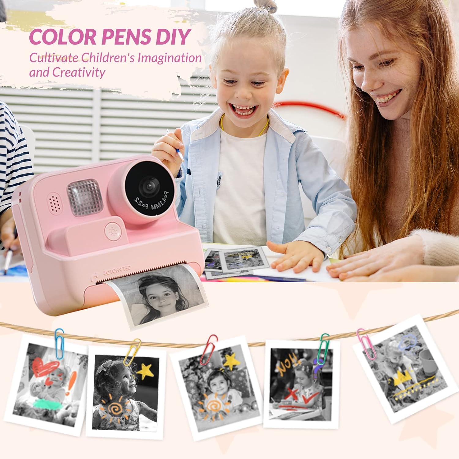 Kids Camera Instant Print, 48MP Digital Camera with Zero Ink, Selfie 1080P Video Camera with 32G TF Card, Toys Gifts for Girls Boys Aged 3-12 for Christmas/Birthday/Holiday (pink) (Pink)
