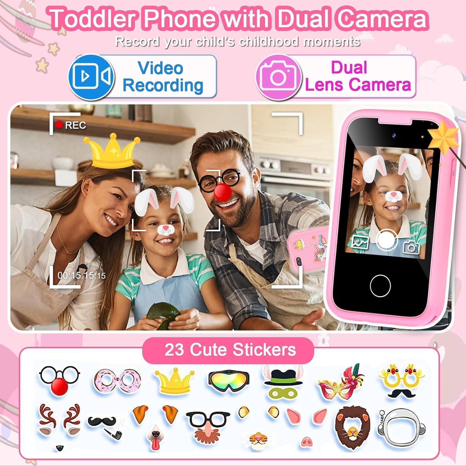 Kids Smart Phone Toys for Girls, Toddler Unicorn Gifts with Dual Camera,Fake Play Toy Mobile phone Learning Game Puzzle MP3 Music Player 3 4 5 6 7 8 Years (Pink)