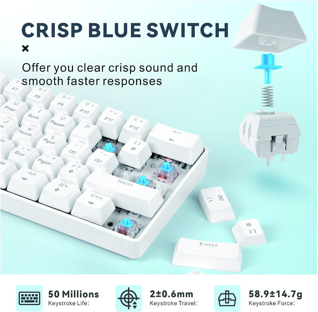 M.A&F's Mechanical Gaming Keyboard, 61 Keys Ultral Compact Wired Keyboard with Blue Switches and RGB Backlit for iOS, Android and Windows, White