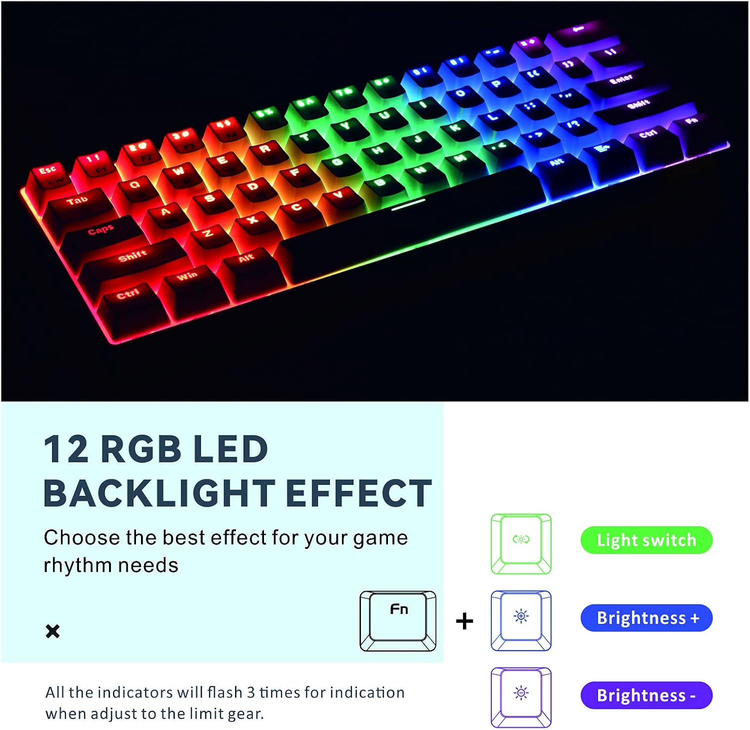 M.A&F's Mechanical Gaming Keyboard, 61 Keys Ultral Compact Wired Keyboard with Blue Switches and RGB Backlit for iOS, Android and Windows, White