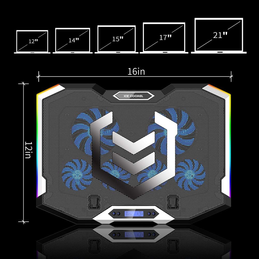 M.A&F's Gaming Laptop Cooling Pad 15-17.3 Inch with 6 Cooling Fans, Cooling Stand with 6 Height Adjustable, Laptop Cooler with RGB Light, LCD Screen, 2 USB Ports, Phone Stand