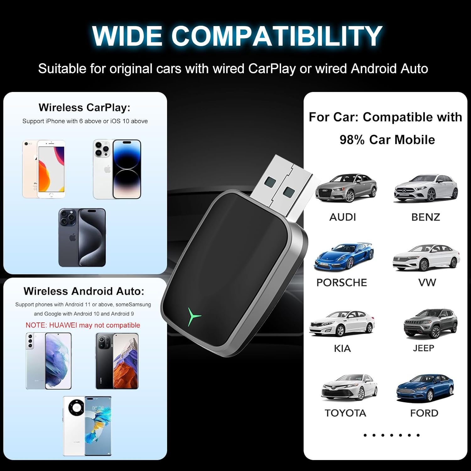 Wireless CarPlay Adapter for iPhone – Plug & Play CarPlay Dongle – Converts Wired CarPlay to Wireless – Fast Auto-Connect, Low Latency, USB-A & USB-C Compatible – English Manual Included