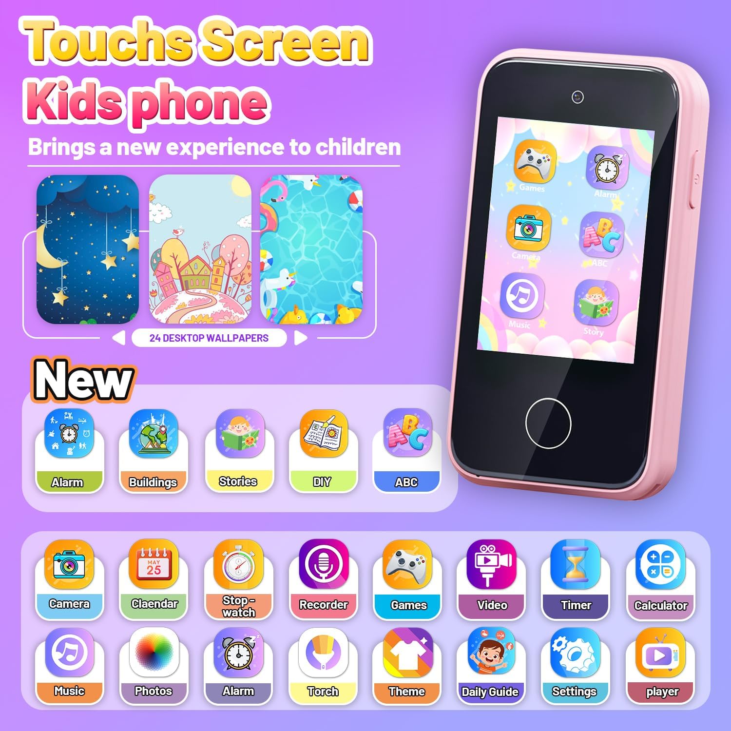 Kids Smart Phone Toys for Girls Ages 3-7 with Dual Camera - Toddler Phone Toys with Learning Games, Travel Toys with MP3 Music Player for Birthday Gifts for 3 4 5 6 7 Year Old Kids (Pink1)