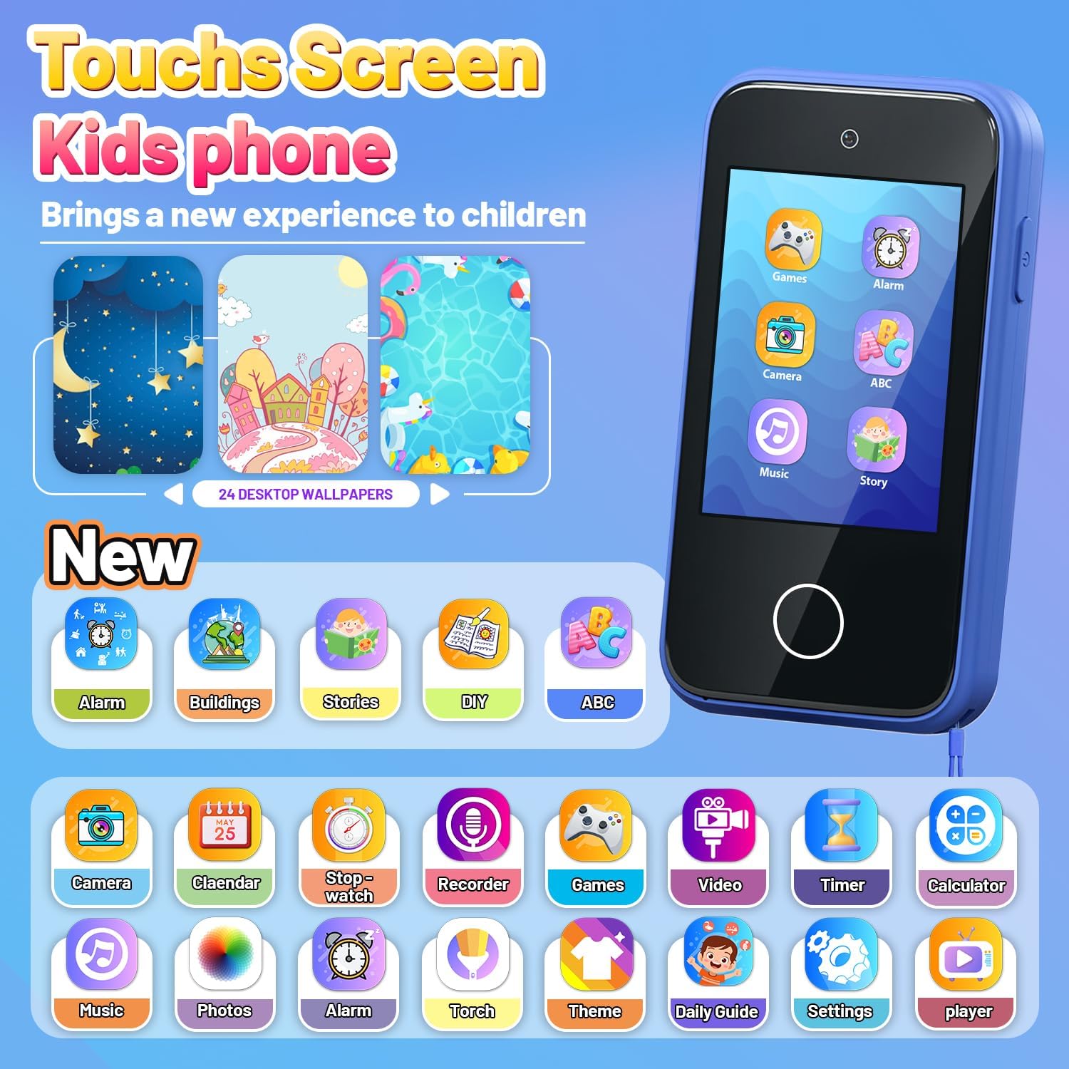 M.A&F's Kids Smart Phone Toys for Boys Ages 3-7 with Dual Camera - Toddler Phone Toys with Learning Games, Travel Toys with MP3 Music Player for Birthday Gifts for 3 4 5 6 7 Year Old Kids (Blue1)
