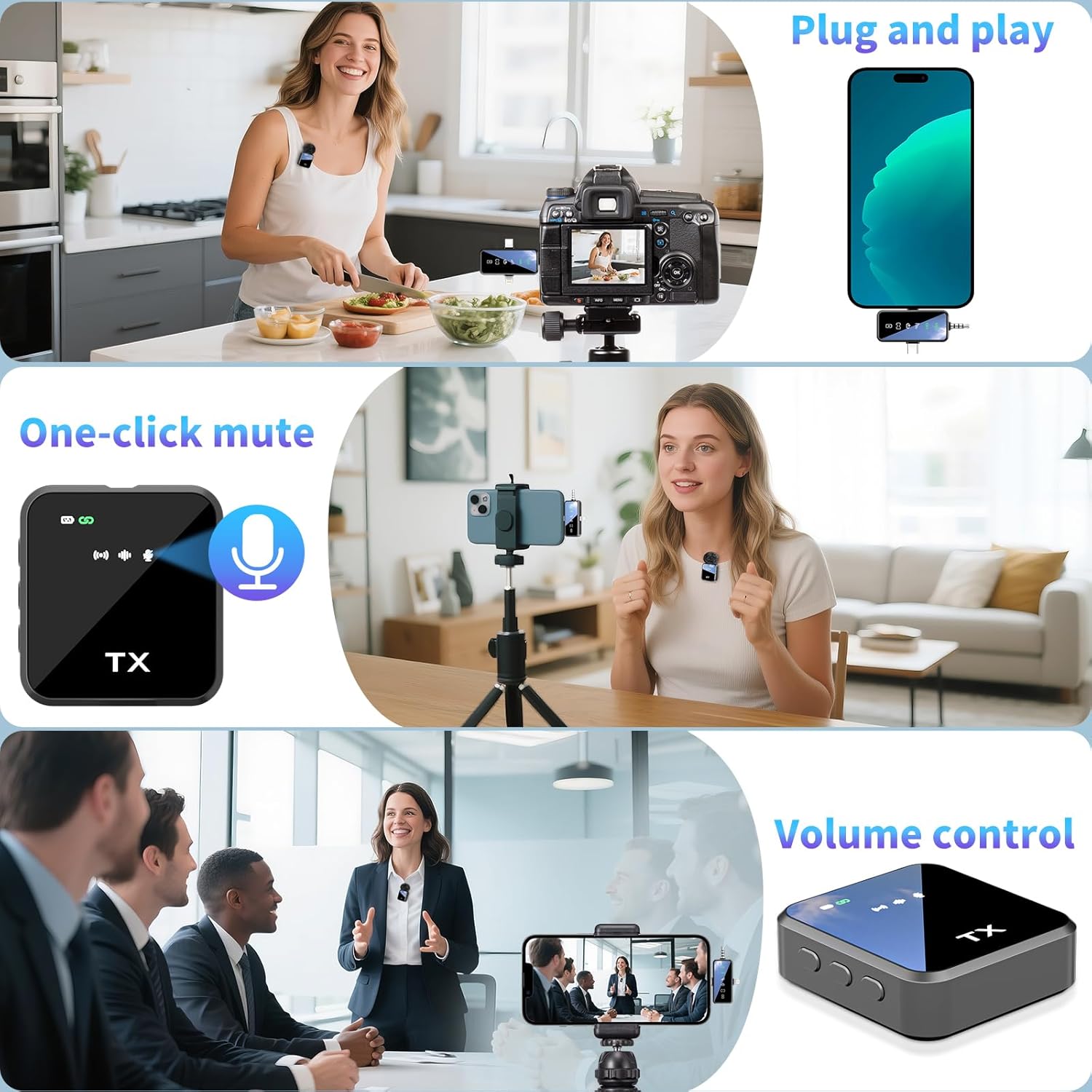 Wireless Lavalier Microphone,3 in 1 Wireless Mic for iPhone/Android/Camera,Mini Bluetooth Microphone Noise Reduction Mic for Record Interview, Vlogging, YouTube, Tiktok