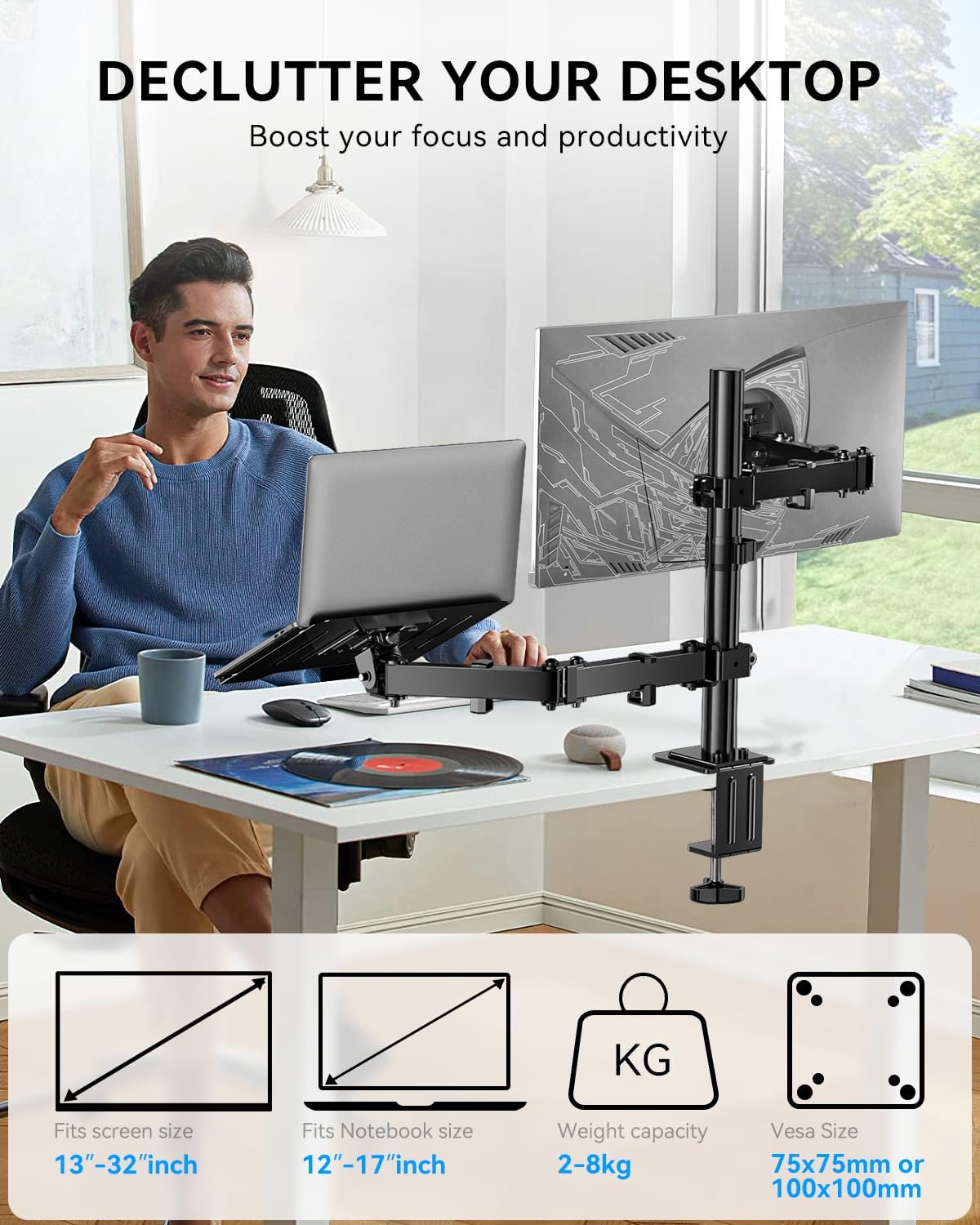 M.A&F's PROFESSIONAL Dual Monitor Arm with Laptop Tray - Dual Vesa Mount Arm, Monitor Stand with Laptop Holder, Dual Screen Mount for 13-32", 2 Vesa Stand Up to 8Kg for Gaming & Office