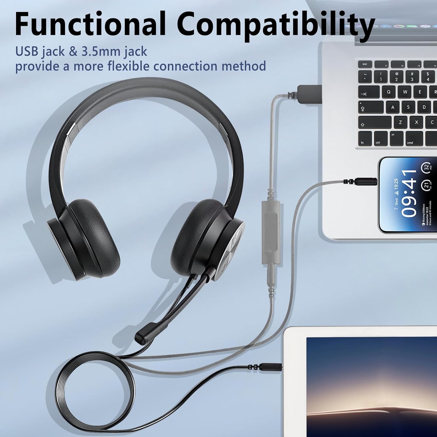 USB Headset with Mic, Wired Over Ear Headphone, ANC and Noise Cancelling Microphone of 330 Degrees Rotation, Clear Crystal Sound, Adjustable In-line Control Microphone, Comfortable Wearing Design