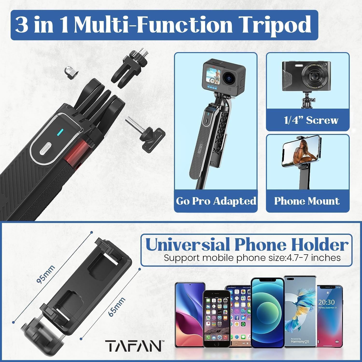 M.A&F's 180cm Selfie Stick Tripod, All in One Extendable Phone Tripod Stand with 360° Rotation for iPhone and Android Phone Selfies-Vlogging, Live Streaming.