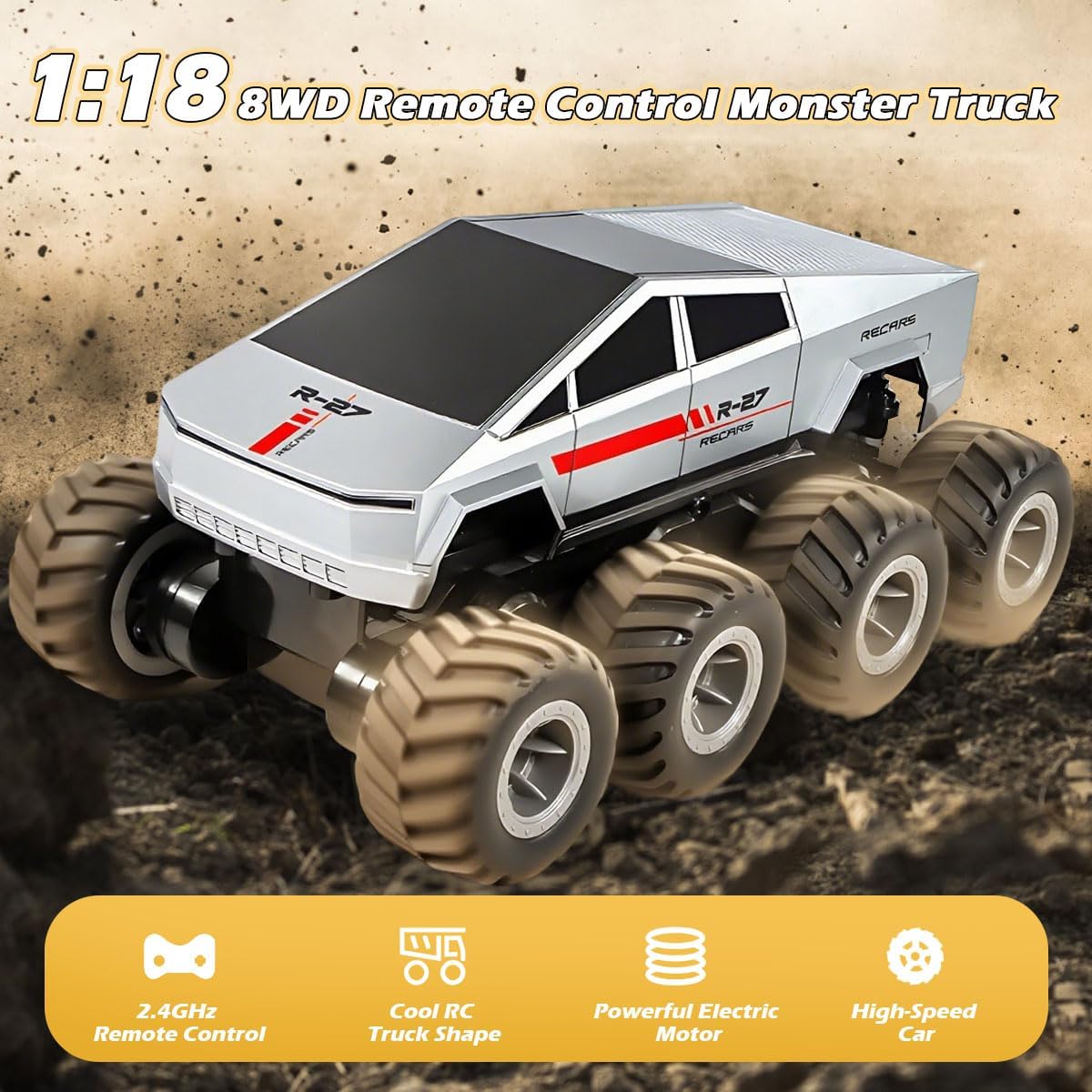 M.A&F's Amphibious Remote Control Car, 8WD 2.4GHz 1:18 Electric Vehicle Toy Off-Road Monster Truck with 2 Batteries, Waterproof Omni-Direction High-Speed Pickup All Terrain RC Jeep Gift for Boy Girl Age 6+