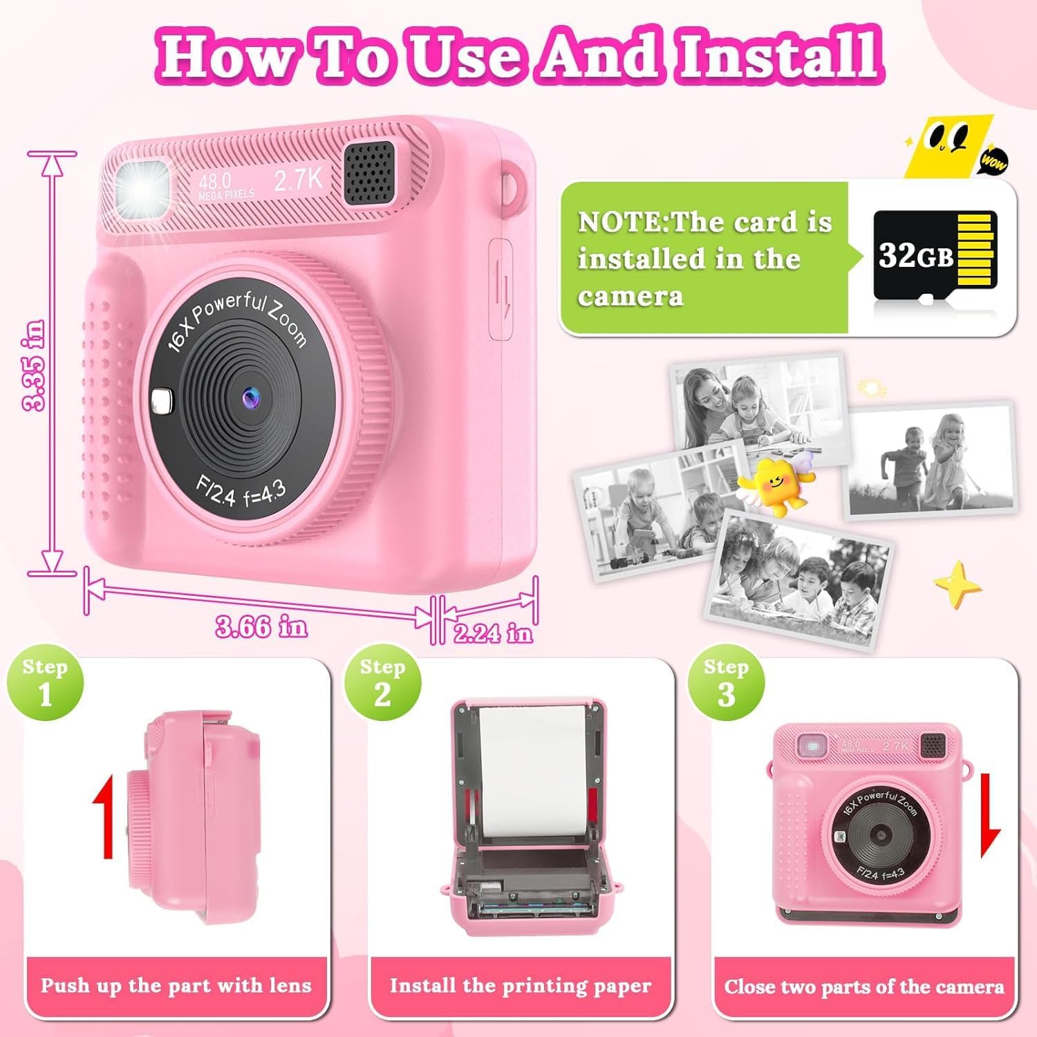 Camera For Kids,Instant Print Camera Portable Video Camera Toy For Girls & Boys,Hd Digital Video 32Gb Sd Card Birthday Gifts (Pink)