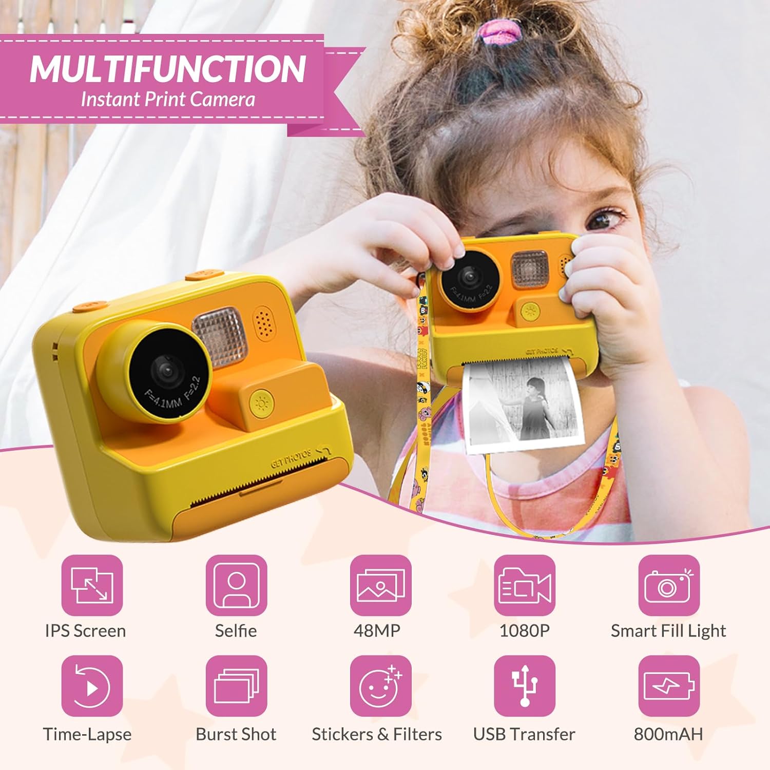 M.A&F's Kids Camera Instant Print, 48MP Digital Camera with Zero Ink, Selfie 1080P Video Camera with 32G TF Card, Toys Gifts for Girls Boys Aged 3-12 for Christmas/Birthday/Holiday (Orange)