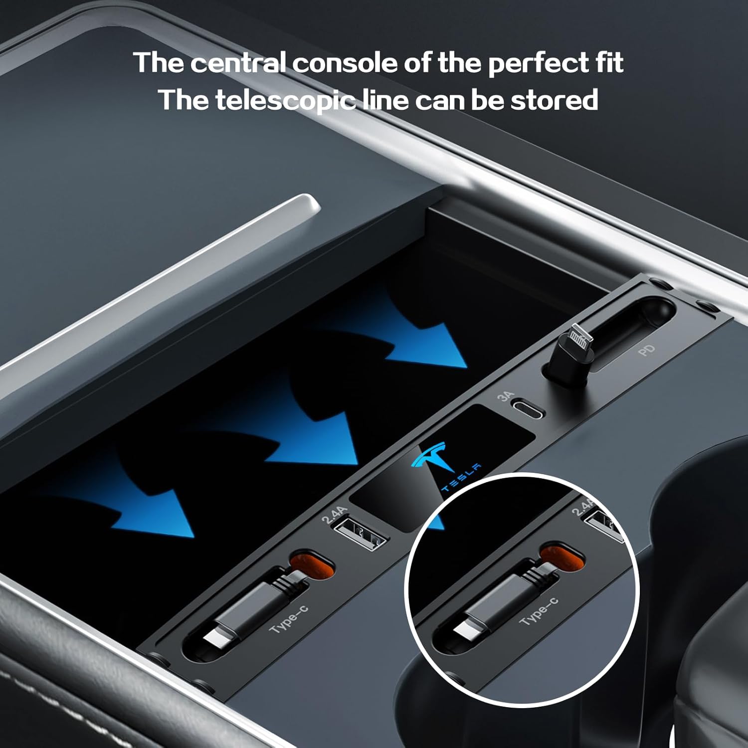 Car USB Charger Multi Port for 2021 2022 2023 Tesla Model 3/Y,Multifunctional Accessories with Logo and Retractable Cable,Tesla hub 100% Fit Center Console Adapter,Gifts Owners, black (T10)