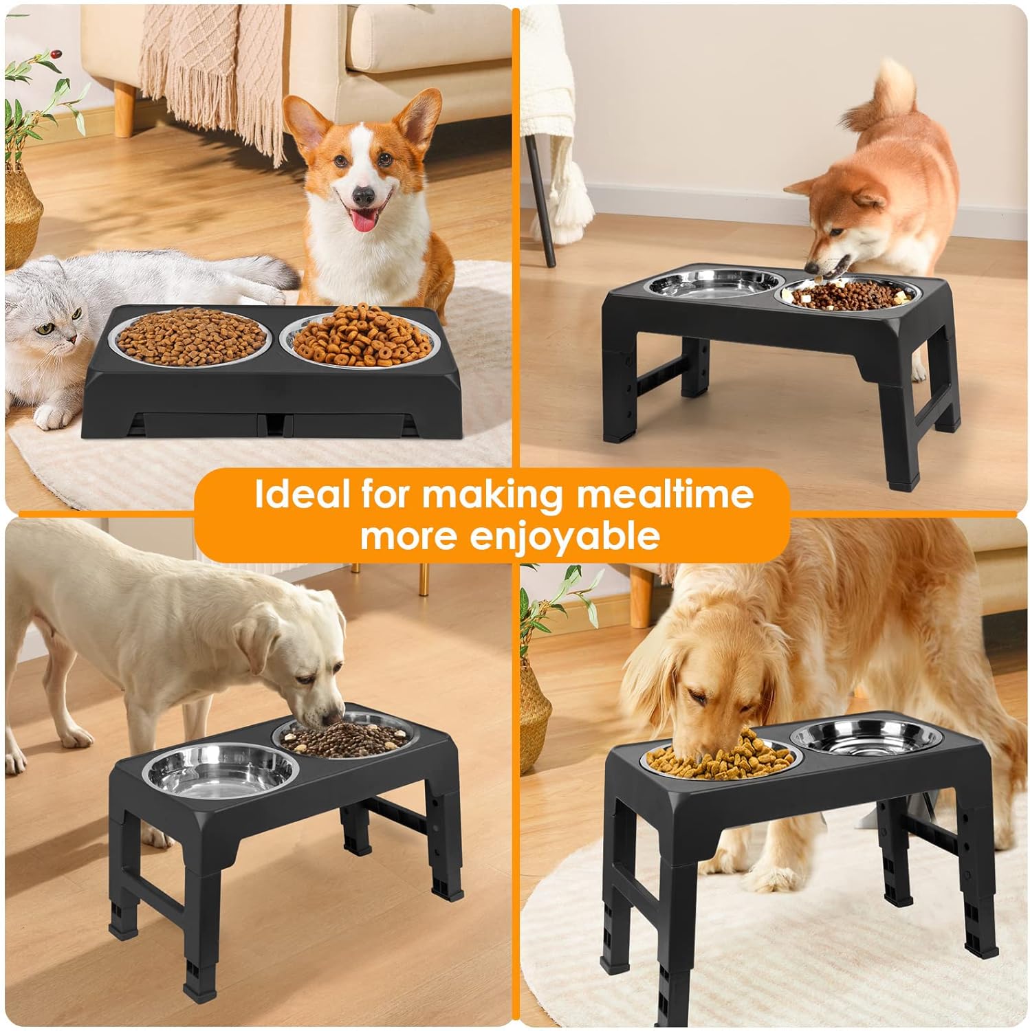 M.A&F's Adjustable Elevated Dog Bowl, with 2 Stainless Steel 1.5L Dog Bowl Vertical Feeding and Detachable Double Bowl Stand Antiskid Splash Proof, for All Small, Medium and Large Pets (Black-3)